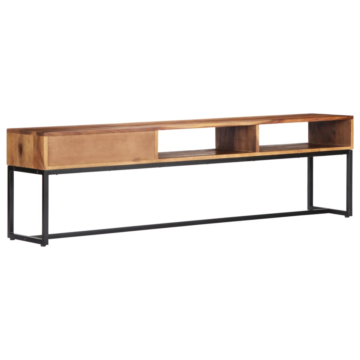 Langer TV-Ständer aus Holz mit Schublade, offenen Regalen und schwarzen Metallbeinen.