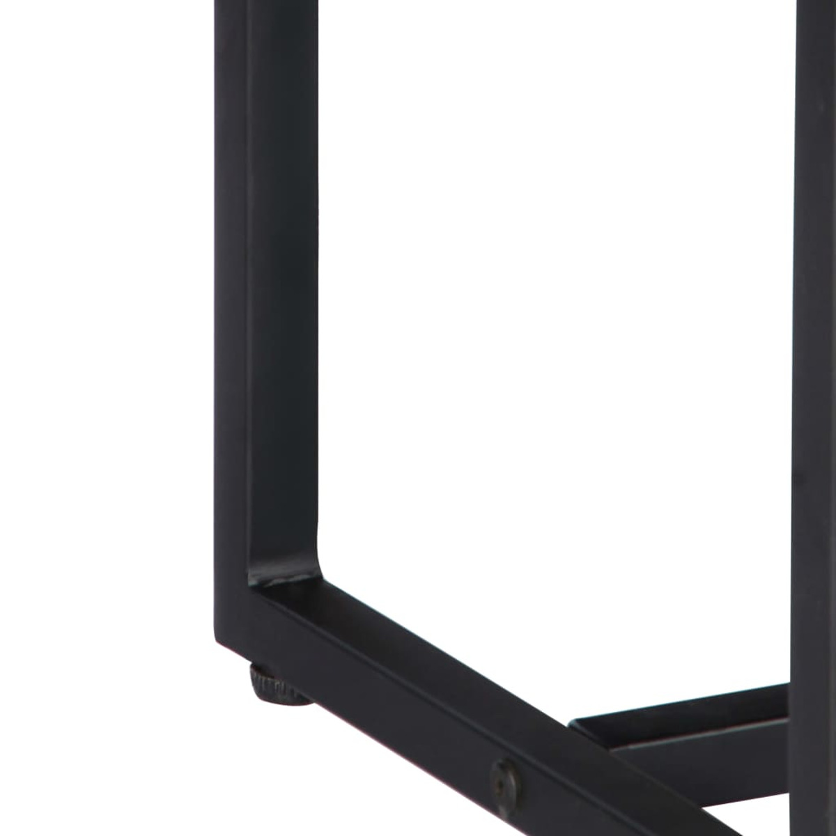 Nahaufnahme eines schwarzen Metall-Tischbeins mit angeschraubter Schraube.