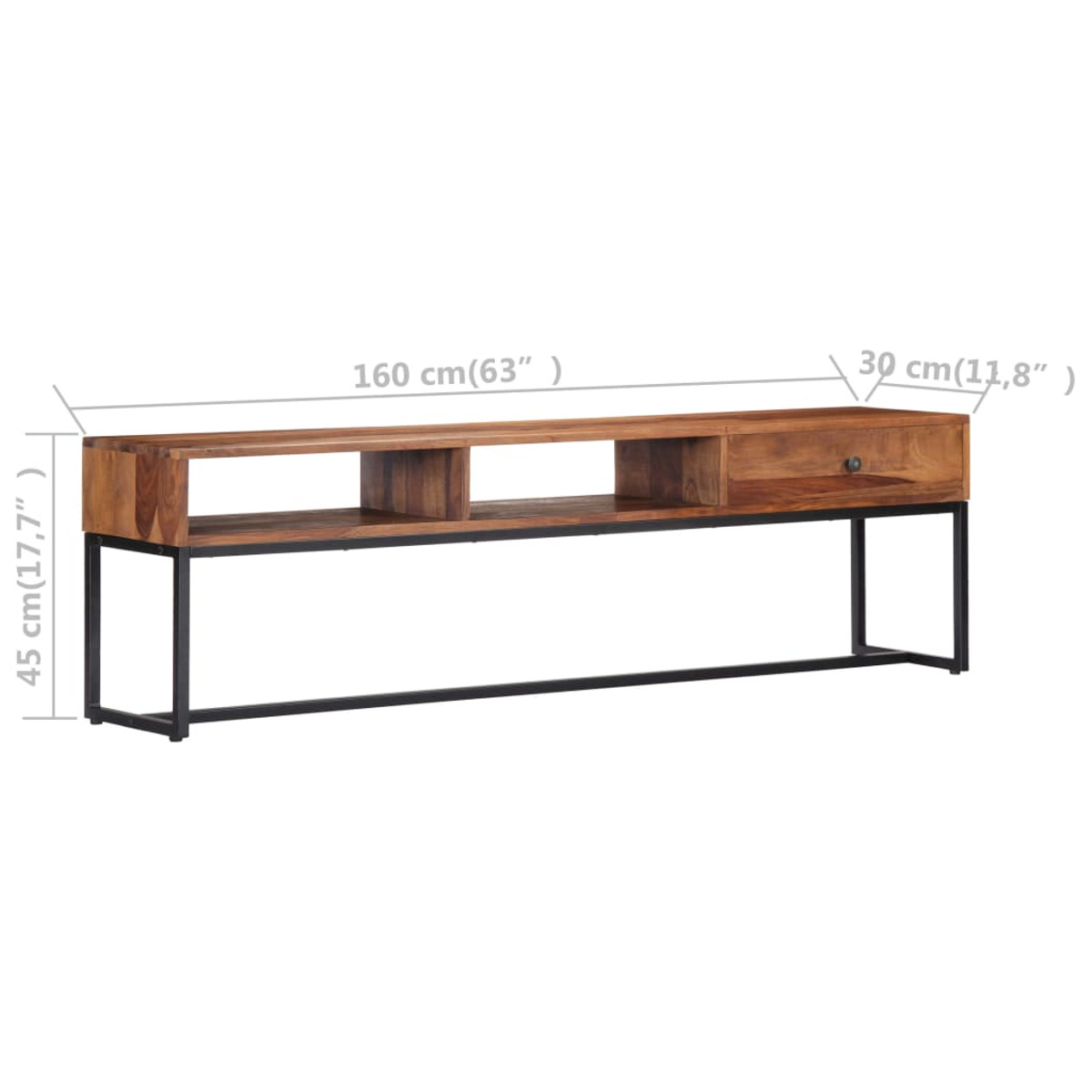 TV-Ständer aus Holz mit Abmessungen und einem schwarzen Metallrahmen. Es hat offene Regale und eine Schublade.