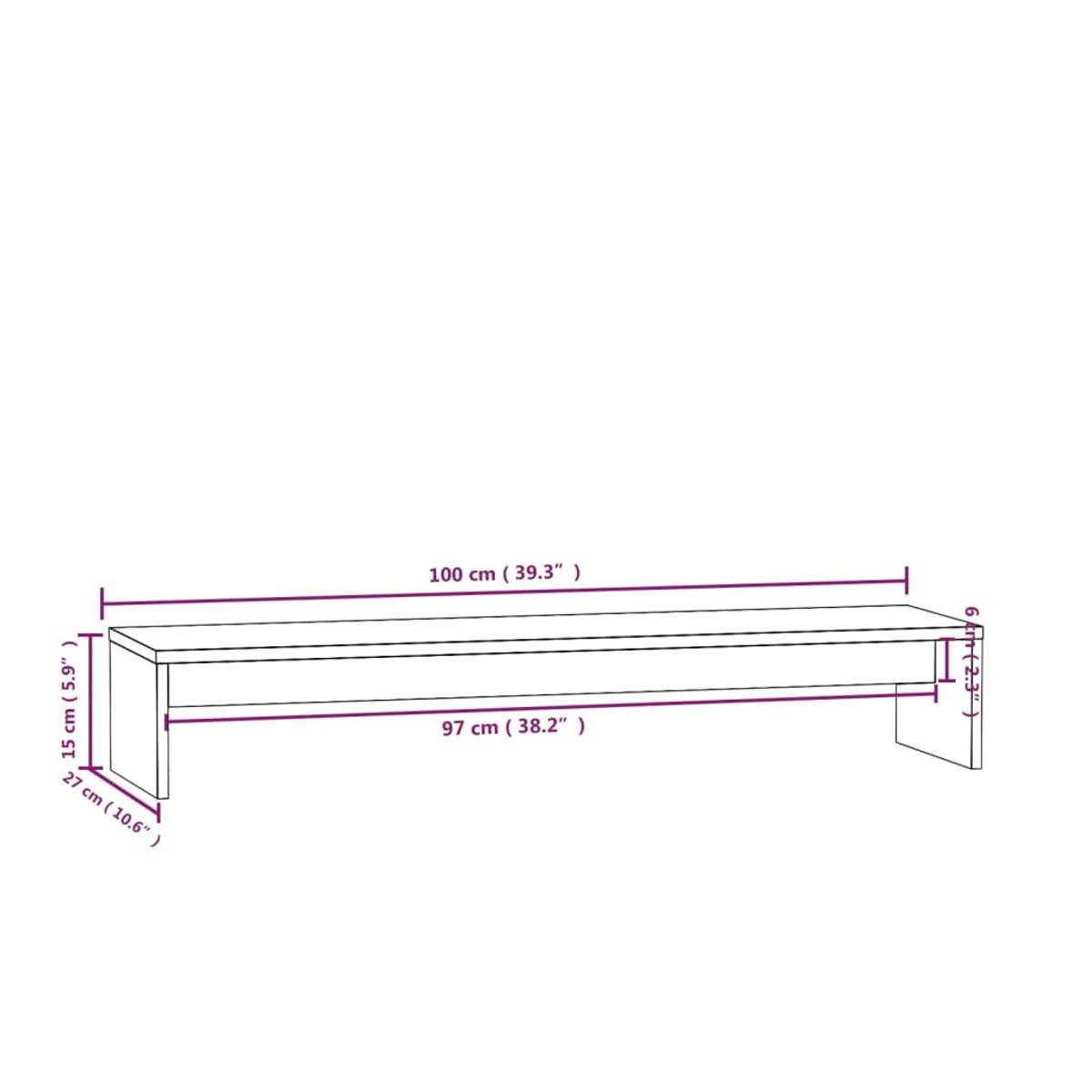 Lange Holzbank mit beschrifteten Abmessungen. Abmessungen sind: 100 cm, 97 cm, 15 cm, 27 cm und 6 cm.