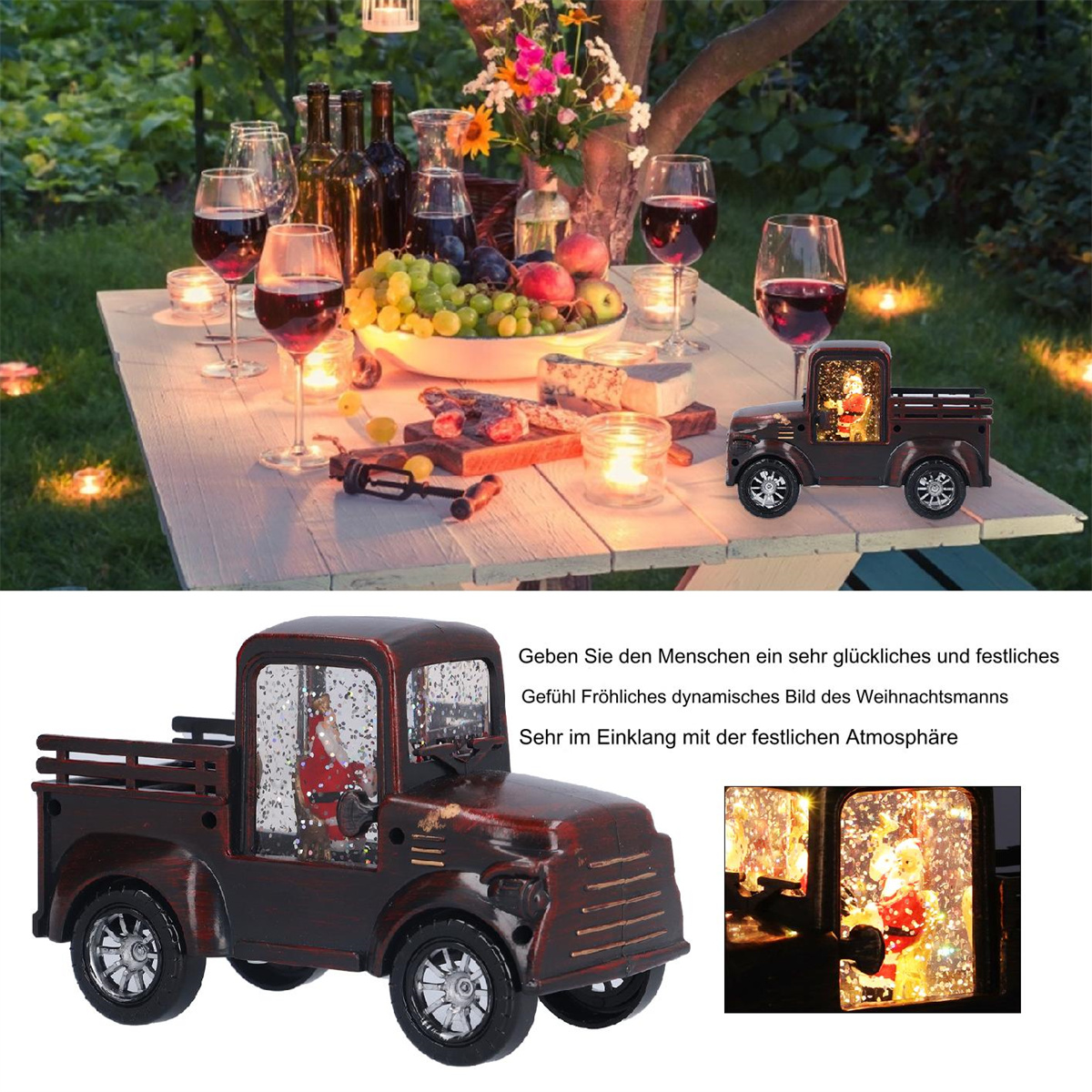 Tisch mit Weingläsern, Essen und Weihnachts-LKW-Dekoration mit Santa-Figur.