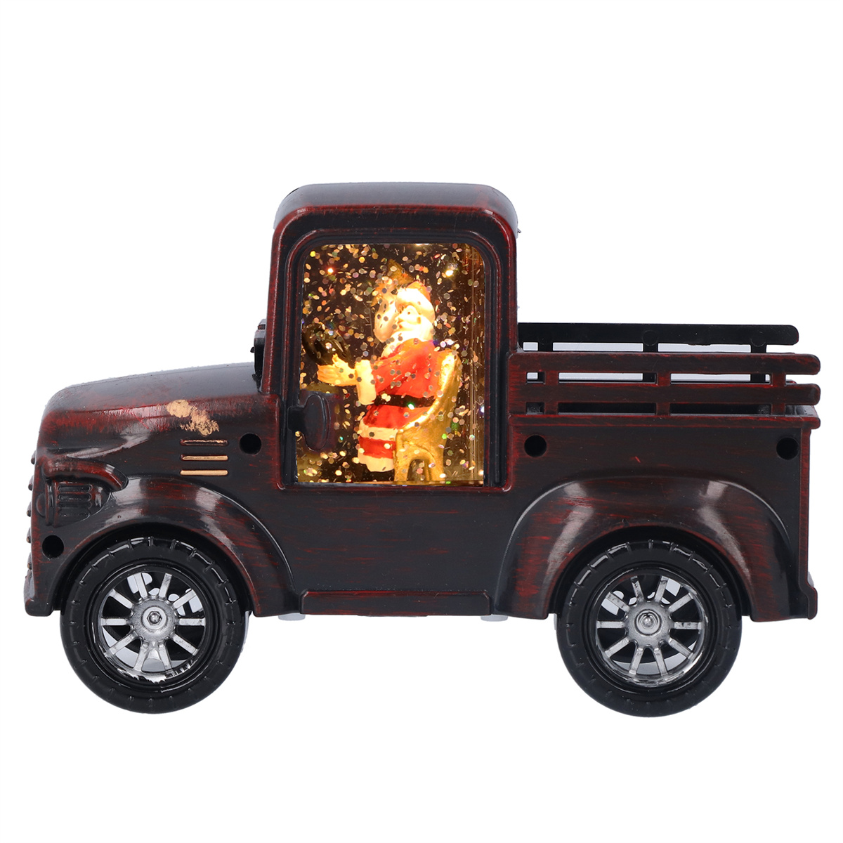 Spielzeug-Truck mit Santa drin. Dunkelrot mit Glitzer. Weißer Hintergrund.