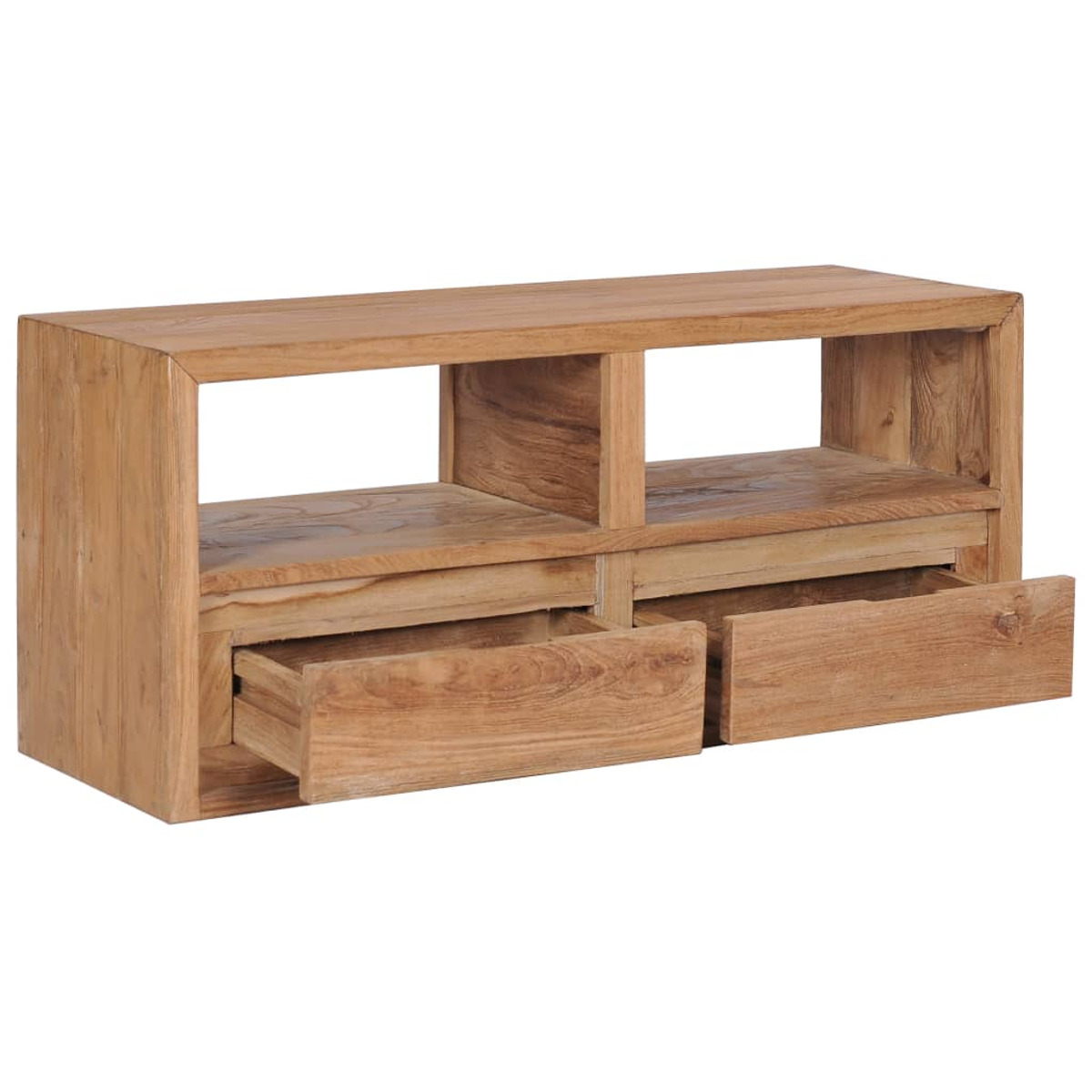 Ein TV-Ständer aus Holz mit zwei Schubladen und einem offenen Regal, mit natürlichem Holzfinish.