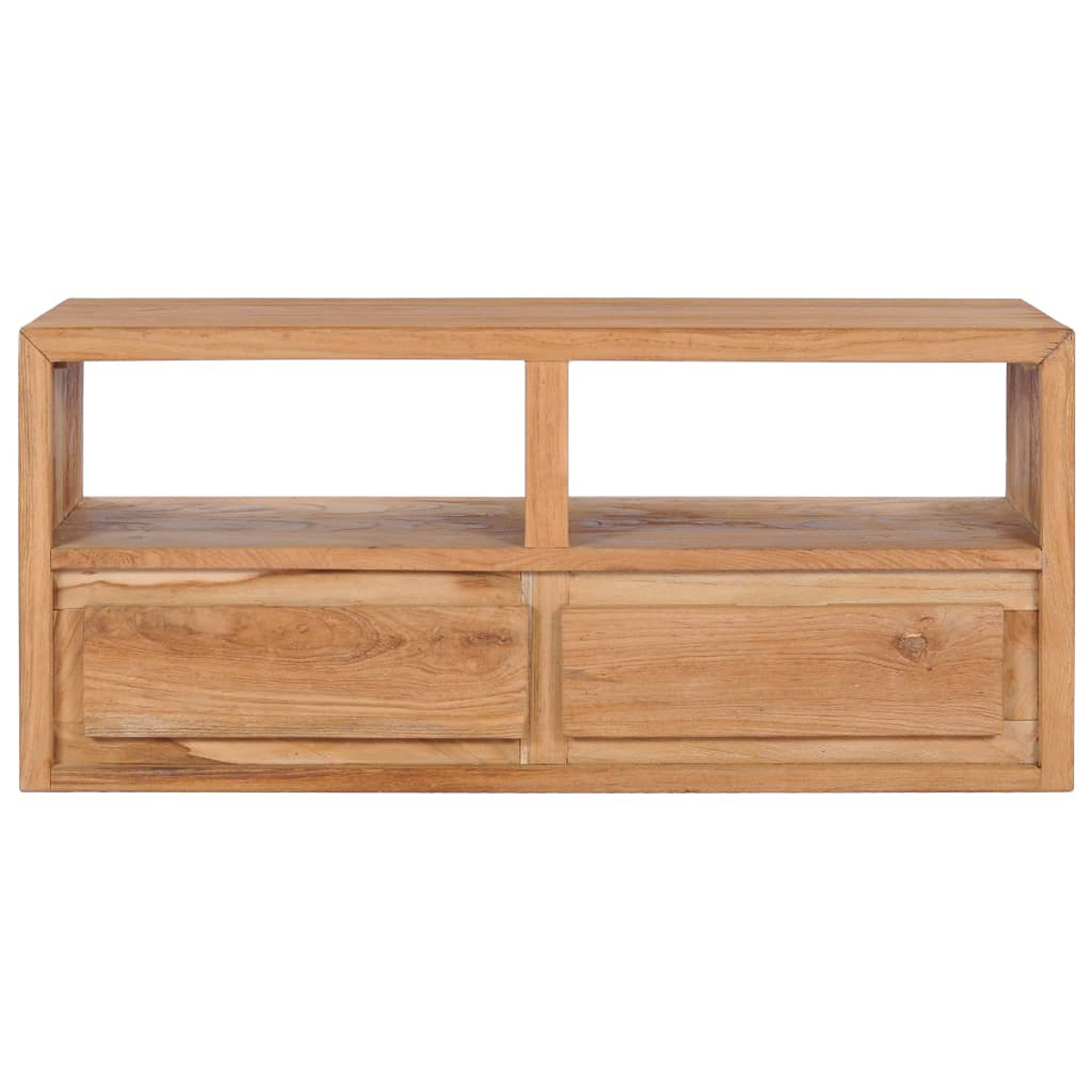 Ein TV-Schrank aus Holz mit zwei Schubladen und einem offenen Fach.