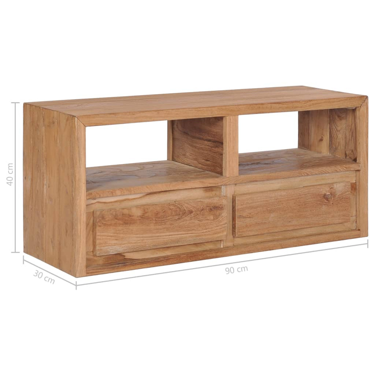 TV-Ständer aus Holz mit zwei Schubladen und einem offenen Regal. Abmessungen: 40x30x90 cm.