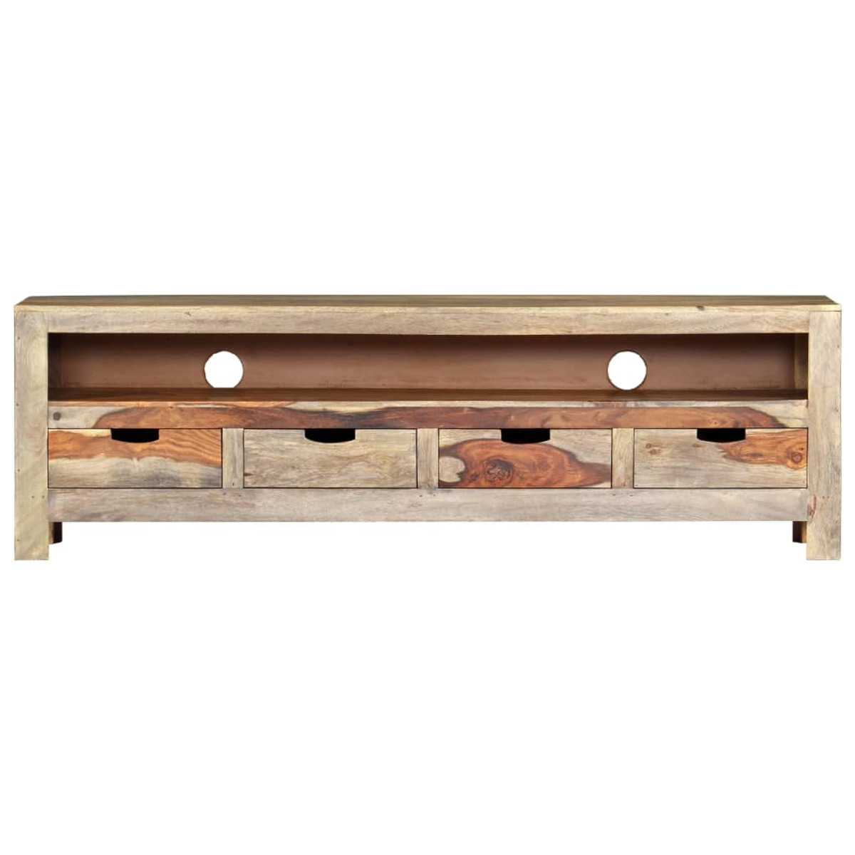 Ein langer TV-Ständer aus Holz mit Schubladen und offenen Regalen. Es ist rustikal.