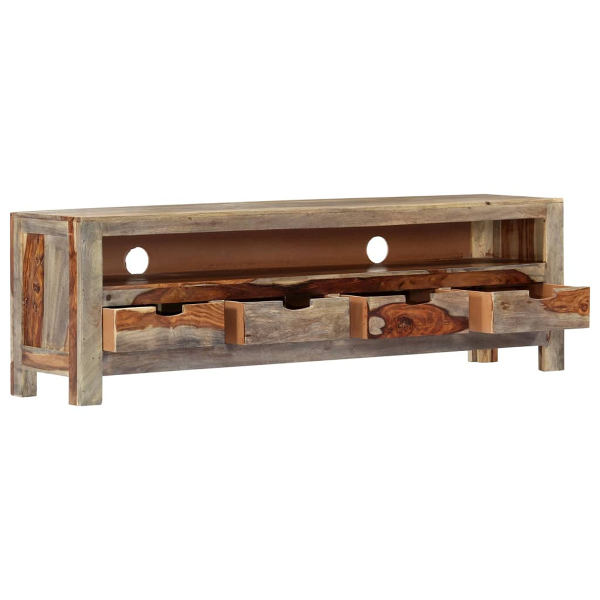 Ein Fernsehständer aus Holz mit drei Schubladen und offenen Regalen.