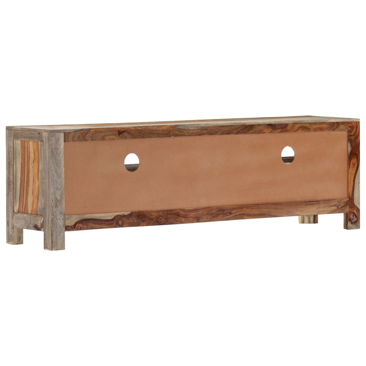 Die Rückseite eines TV-Ständers aus Holz mit Löchern und einer braunen Rückwand, die die Holzmaserung zeigt.