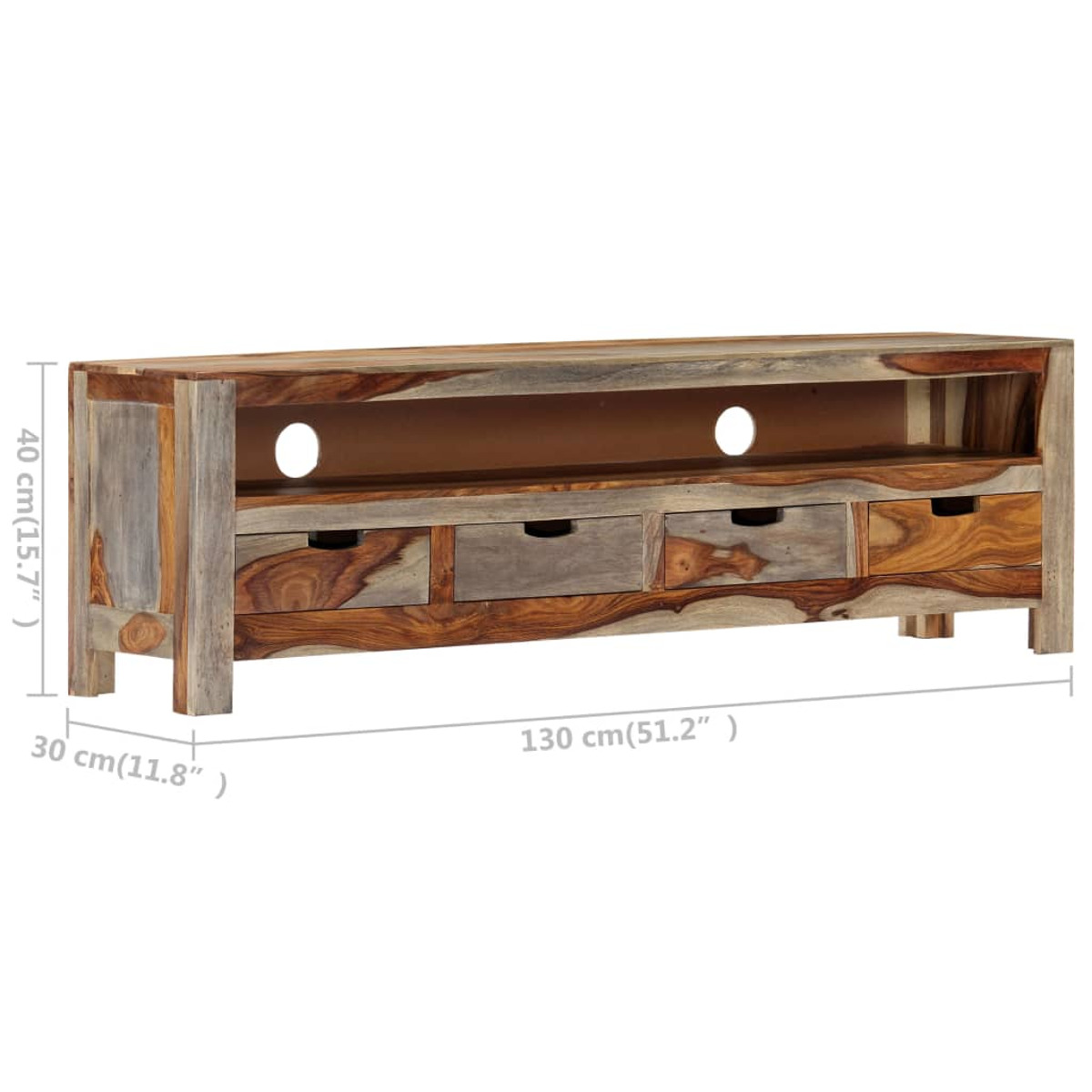 TV-Ständer aus Holz mit mehreren Schubladen und offenen Regalen. Abmessungen sind an der Seite angegeben.