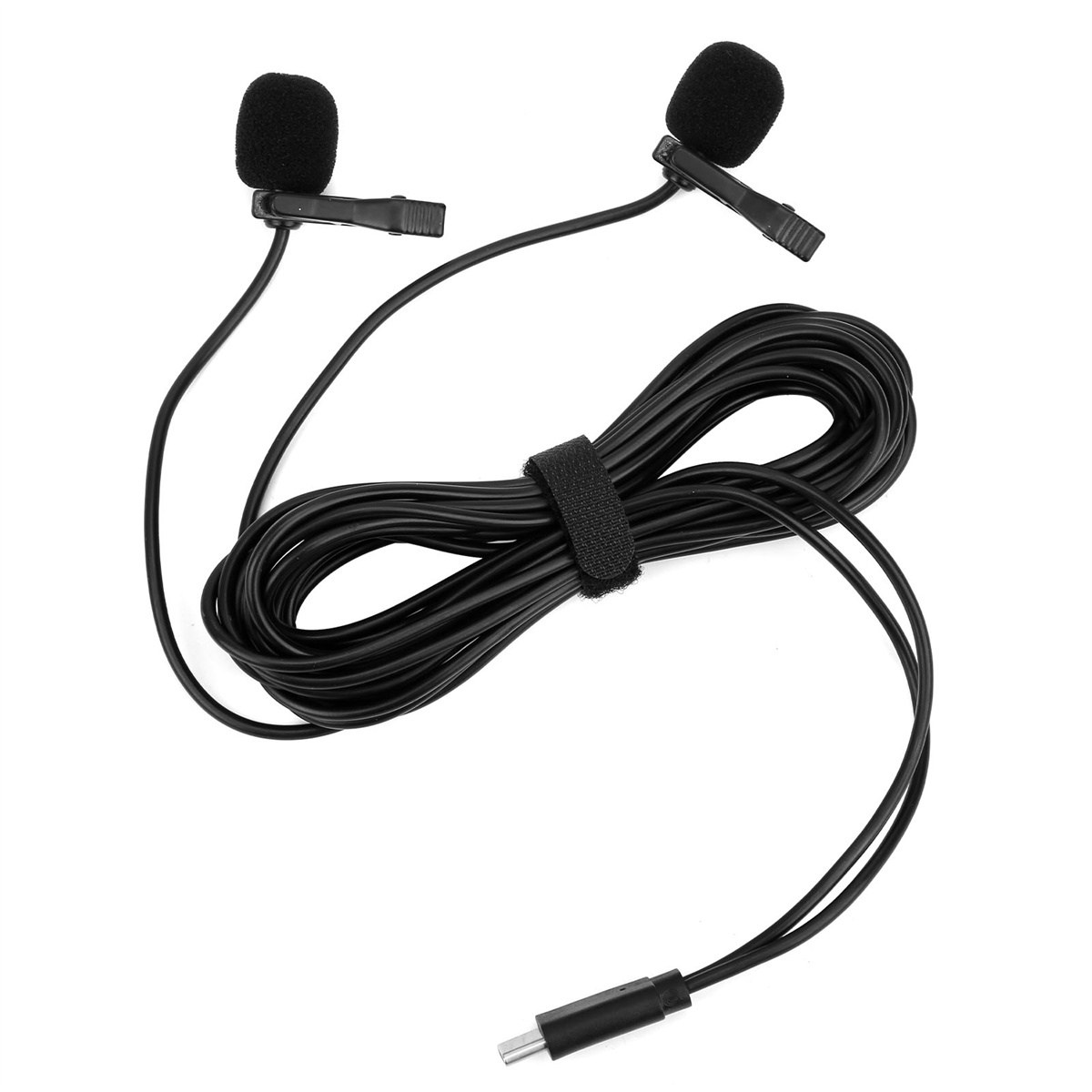 Zwei kleine schwarze Mikrofone mit schwarzen Kabeln. Schwarzes Kabel ist gerollt, weißer Hintergrund.