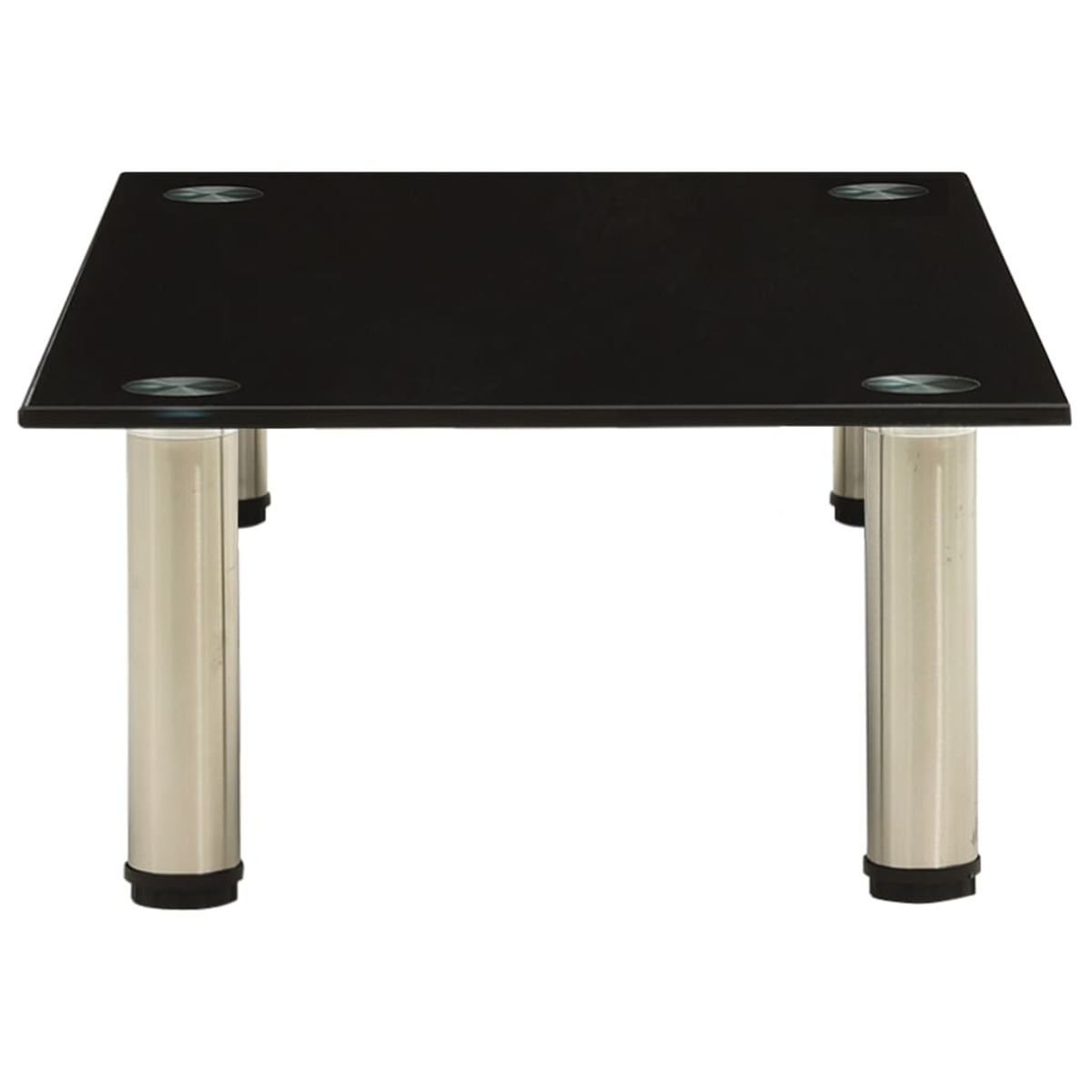 Ein schwarzer, quadratischer Couchtisch mit Glasplatte, vier Chrombeinen und weißem Hintergrund.
