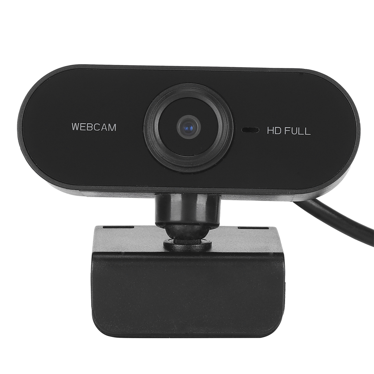 Webcam mit schwarzem Gehäuse und Linse. Sie ist mit 'WEBCAM' und 'HD FULL' beschriftet.