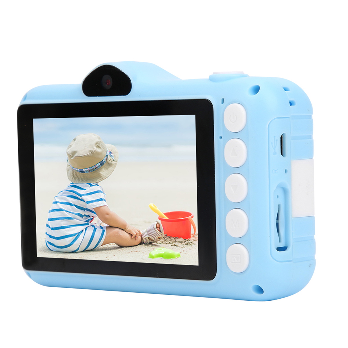 Eine blaue Kinderkamera, die ein Kind am Strand mit Spielzeug zeigt.