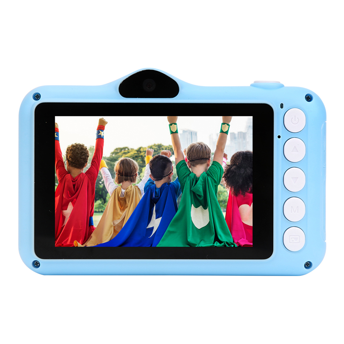 Eine blaue Kinderkamera, die ein Foto von Kindern in Umhängen mit erhobenen Armen zeigt.