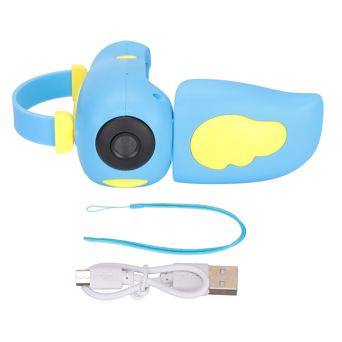 Blaue und gelbe Spielzeugkamera mit Riemen und weißem Ladekabel.