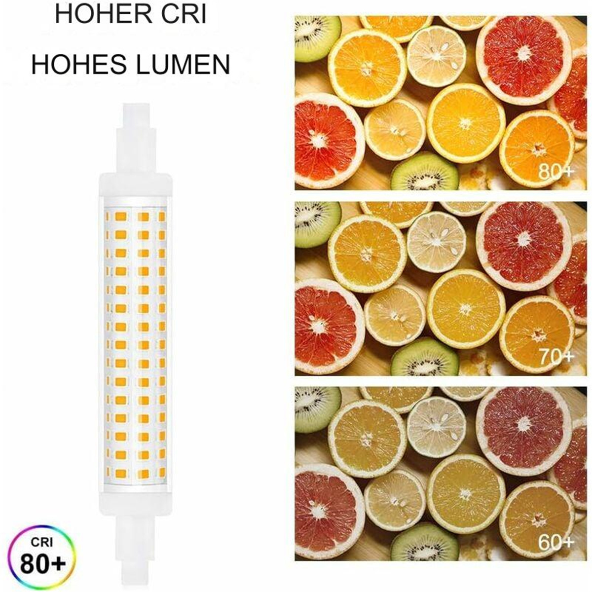 LED-Leuchte mit Fruchtscheiben, zeigt CRI- und Lumen-Details, weißer Hintergrund.