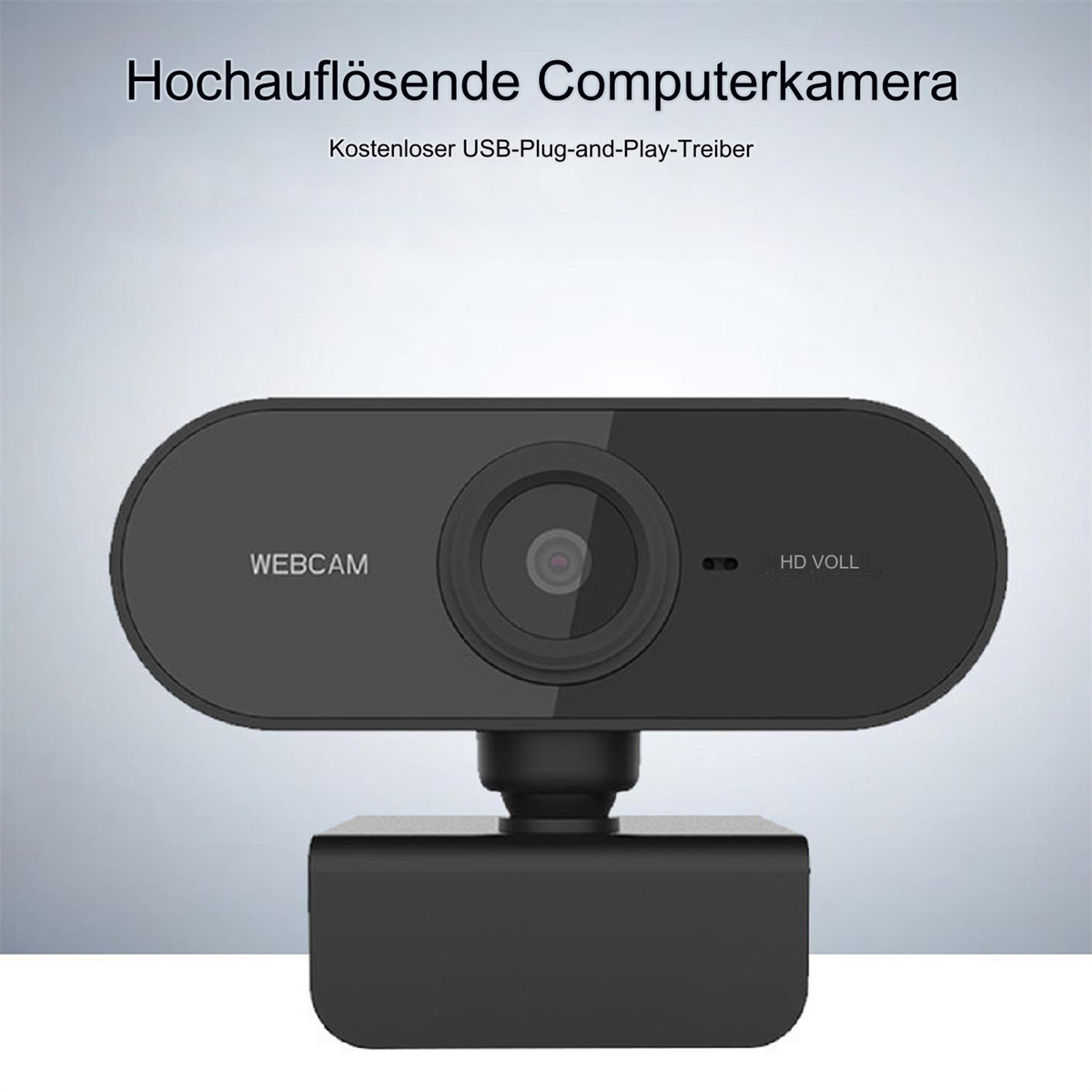 Schwarze Webcam mit dem Wort WEB CAM darauf. Sie steht auf einem schwarzen Ständer.
