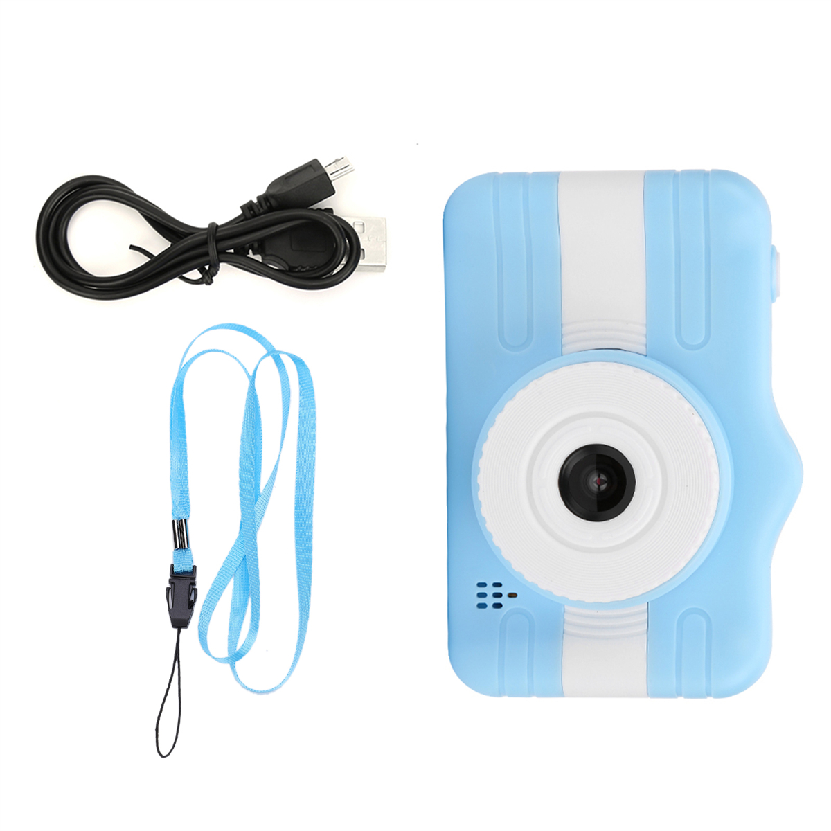 Eine blau-weiße Spielzeugkamera mit Halsband und schwarzem USB-Kabel.