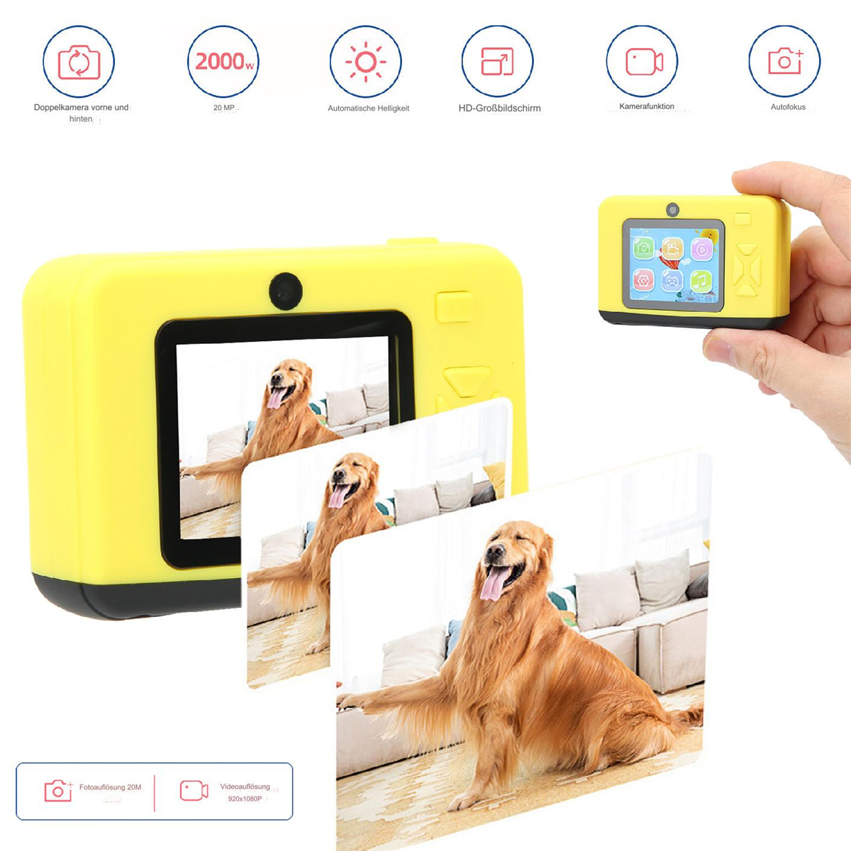 Gelbe Kamera mit mehreren Aufnahmen eines Golden Retrievers auf dem Bildschirm. Kleine Kamera an der Seite.