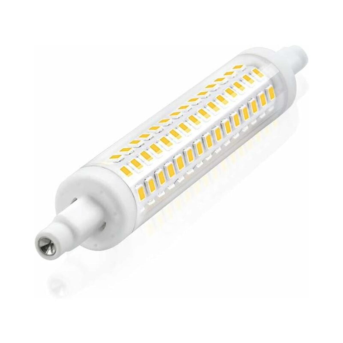 LED-Glühbirne, zylindrische Form mit gelben Lichtern, weißer Hintergrund.