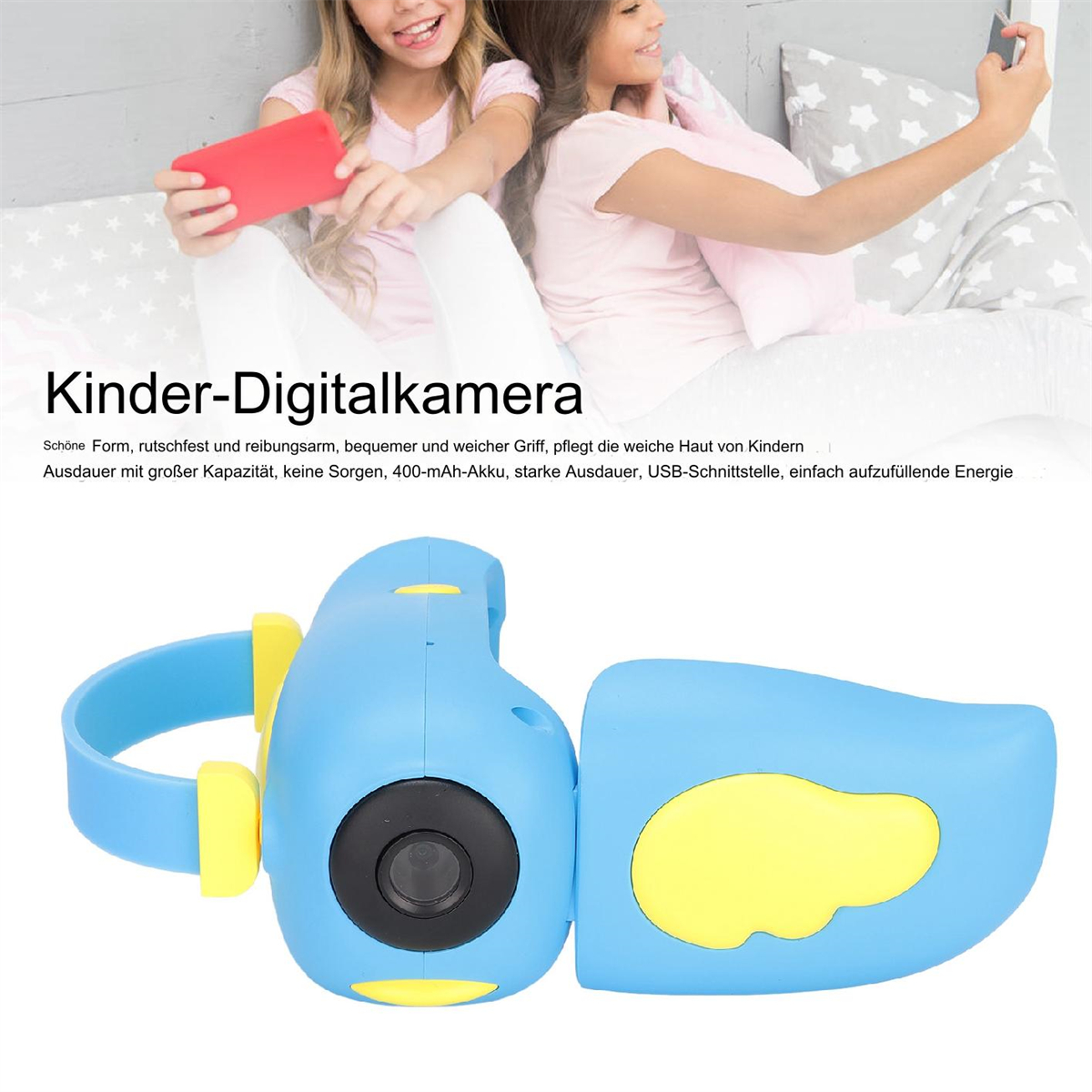 Eine blaue Kinderdigitalkamera. Sie hat einen gelben Griff und ist geöffnet, die Linse zeigend.