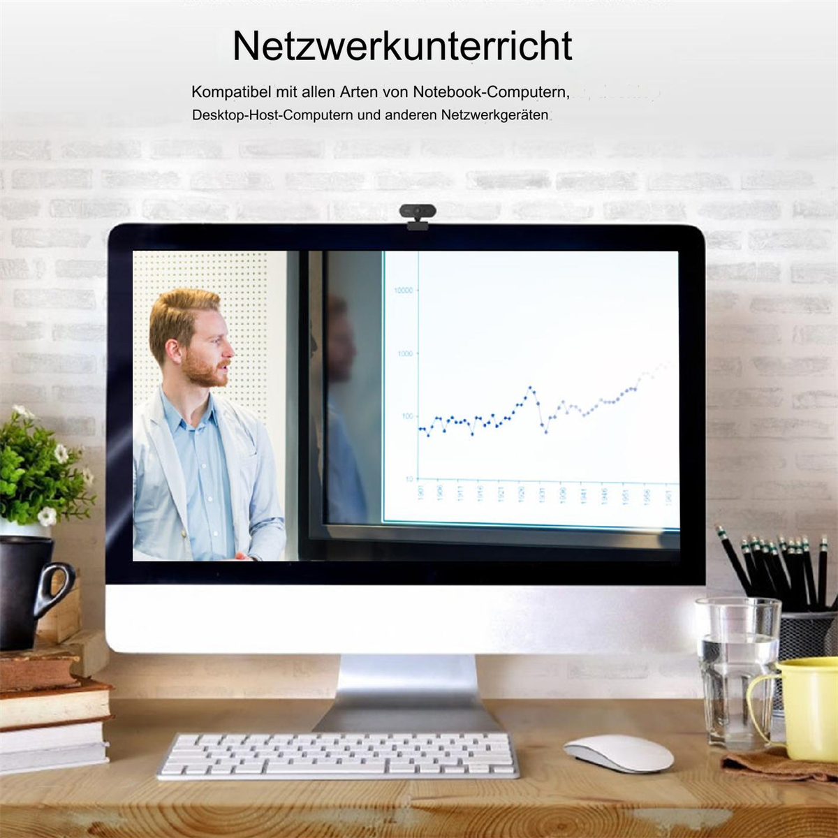 Ein Computerbildschirm zeigt einen Mann in einem Videoanruf und ein Diagramm. Tastatur, Maus und Glas liegen auf dem Schreibtisch.