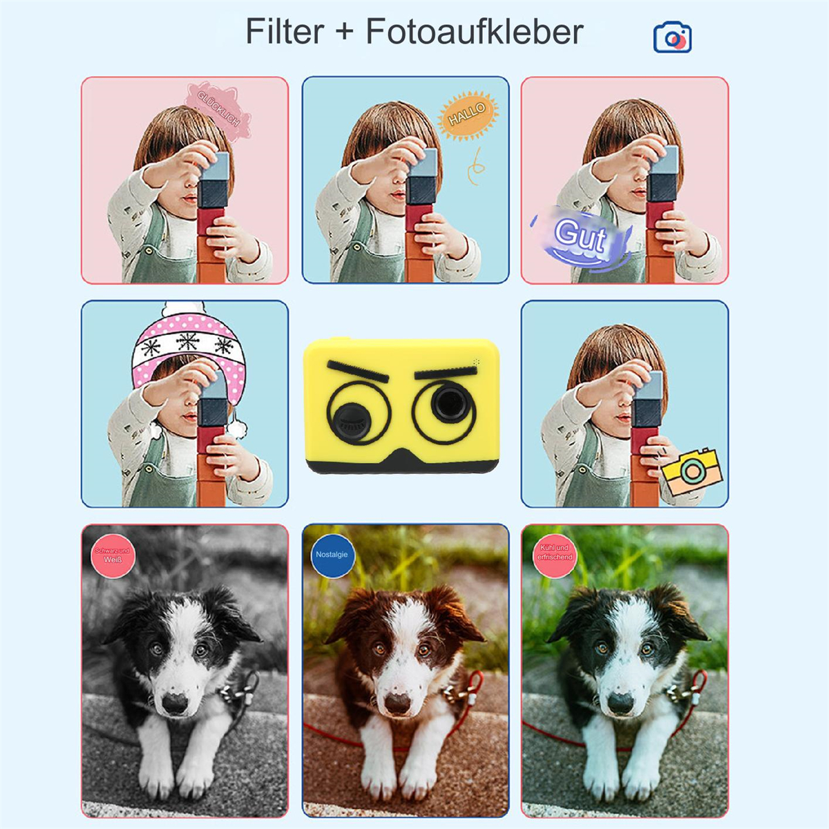 Collage von Bildern mit Filtern, ein Kind und ein Hund, auf weißem Hintergrund.