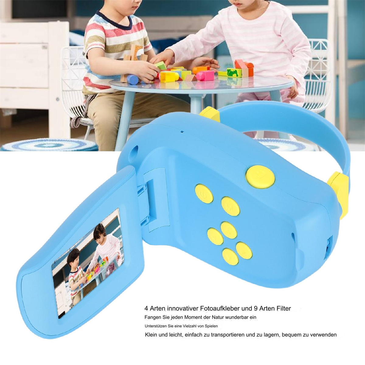 Eine blaue Camcorder, die spielende Kinder zeigt. Der Bildschirm ist eingeschaltet.