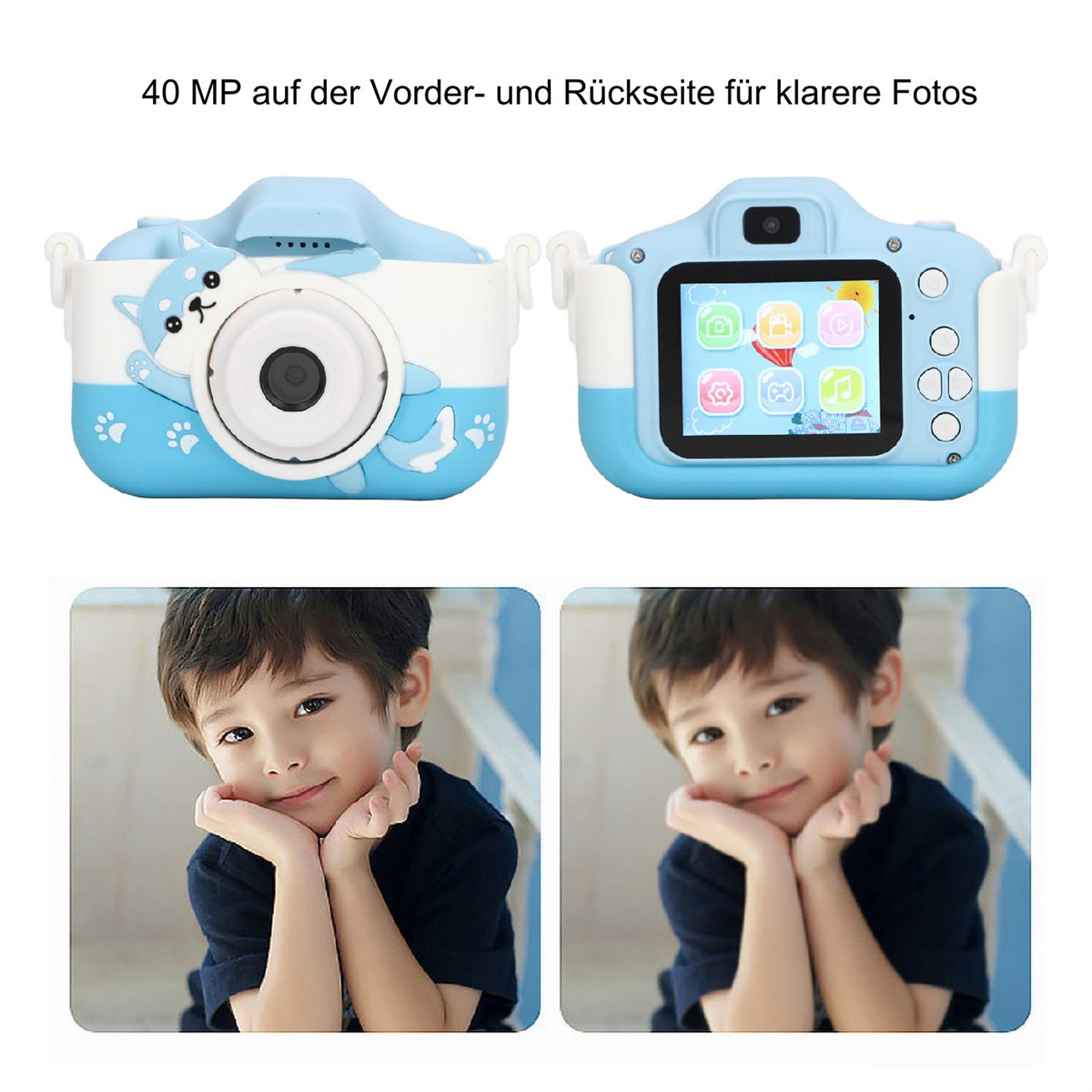 Blaue und weiße Cartoon-Kamera mit zwei lächelnden Kindern und Oberfläche-Symbolen auf dem Bildschirm.