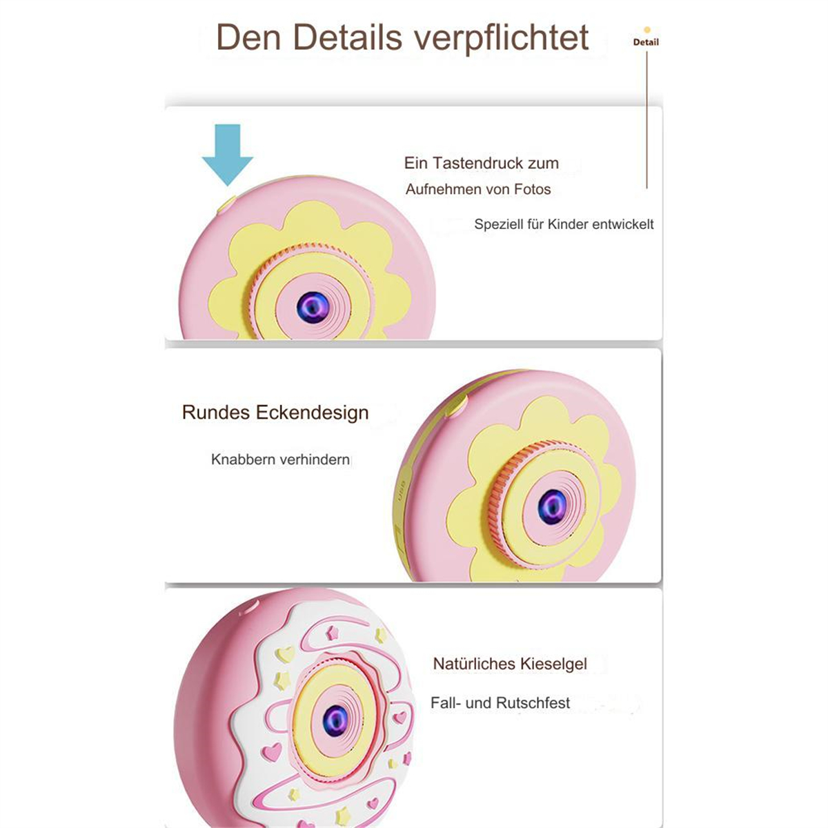 Rosa, gelbe und weiße Kamera mit Blumendesign. Details sind ein Knopf, ein rundes Design und eine Donutform.