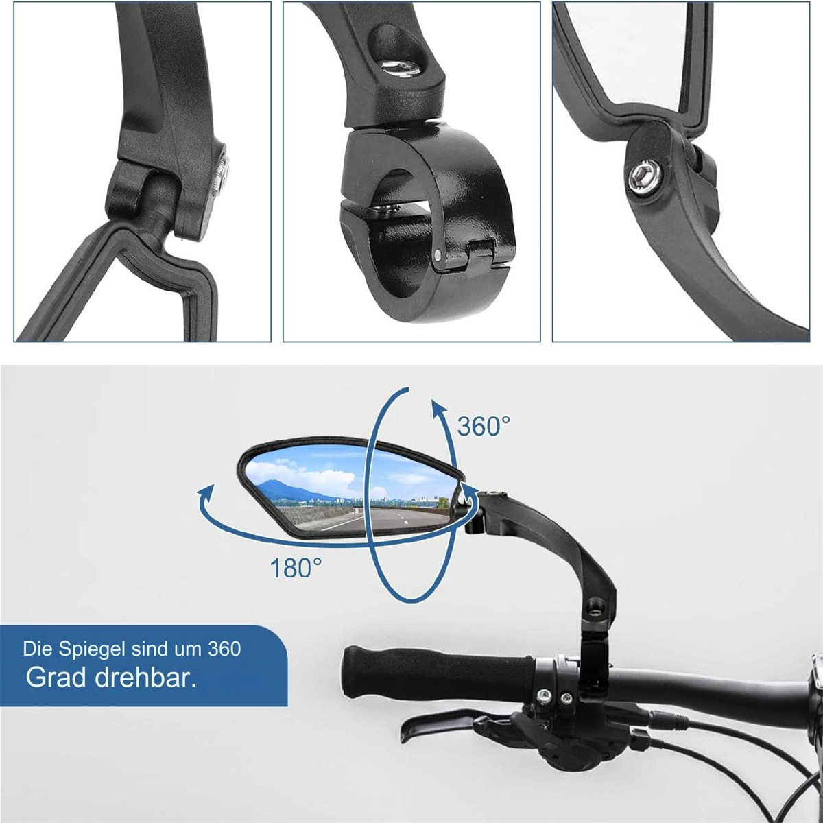 Fahrradspiegel-Set. Drei Nahaufnahmen und eine Gesamtansicht des Spiegels an einem Fahrradlenker. Pfeile zeigen die Einstellung.