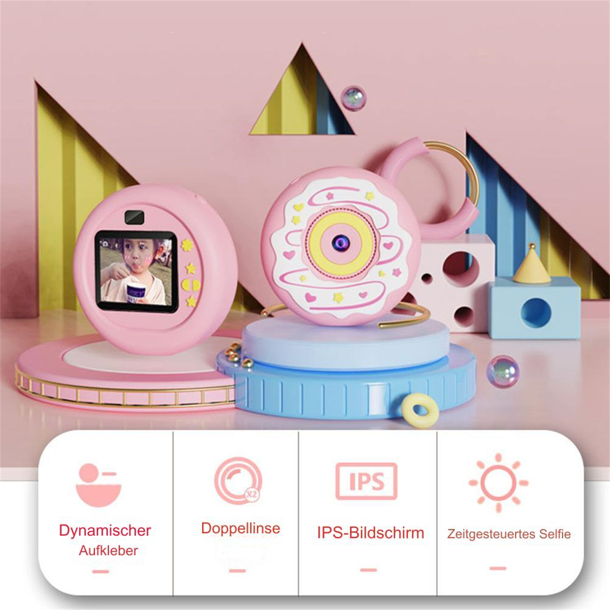 Rosa donut-förmige Kamera mit Bildschirm, Knöpfen und Symbolen. Sie steht auf einer pinken und blauen Plattform.