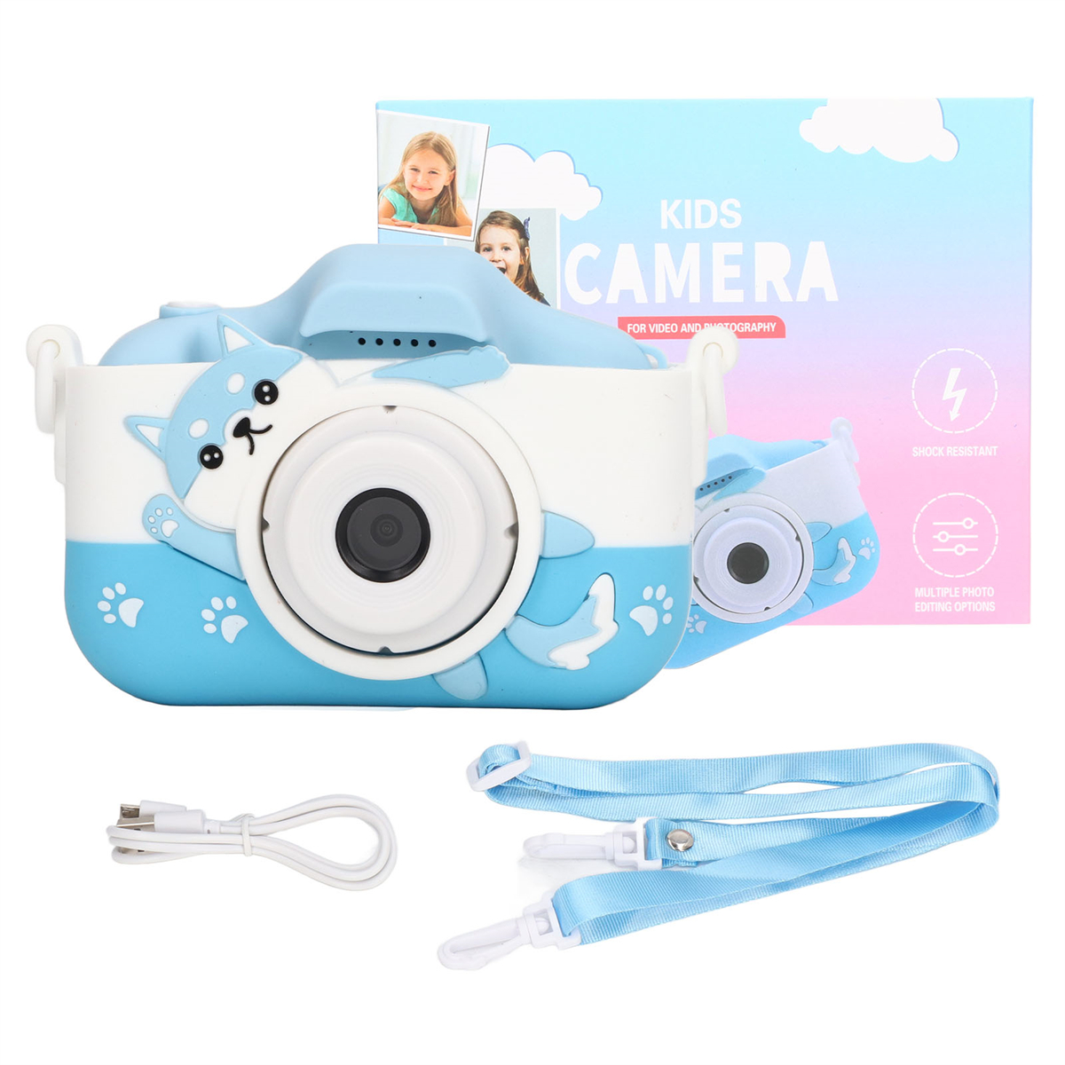 Blaue und weiße Kinderkamera mit Schlüsselband und Ladekabel. Es ist auf weißem Hintergrund.