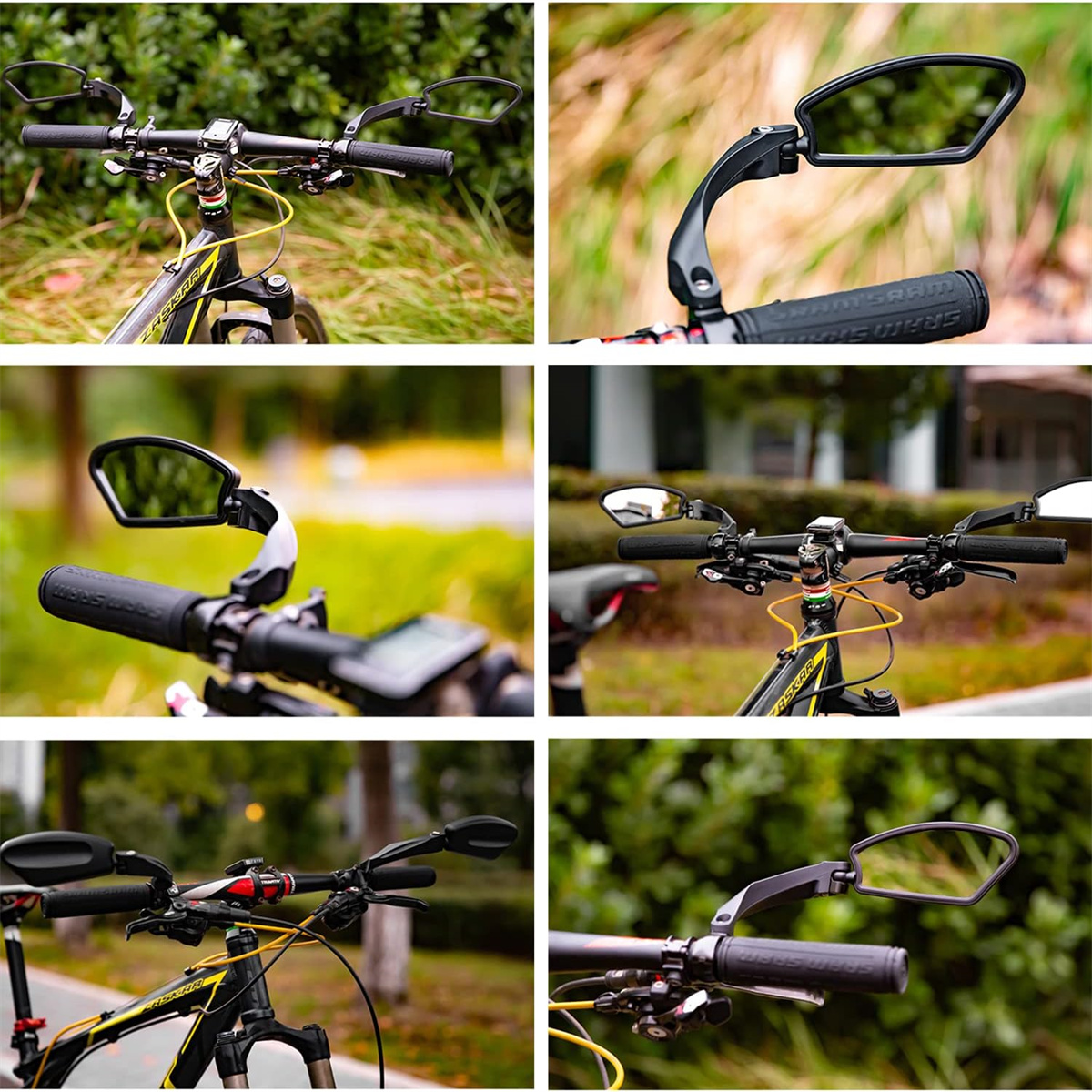 Mehrere Bilder von Fahrradlenkern mit angebrachten Spiegeln, verschiedene Ansichten.