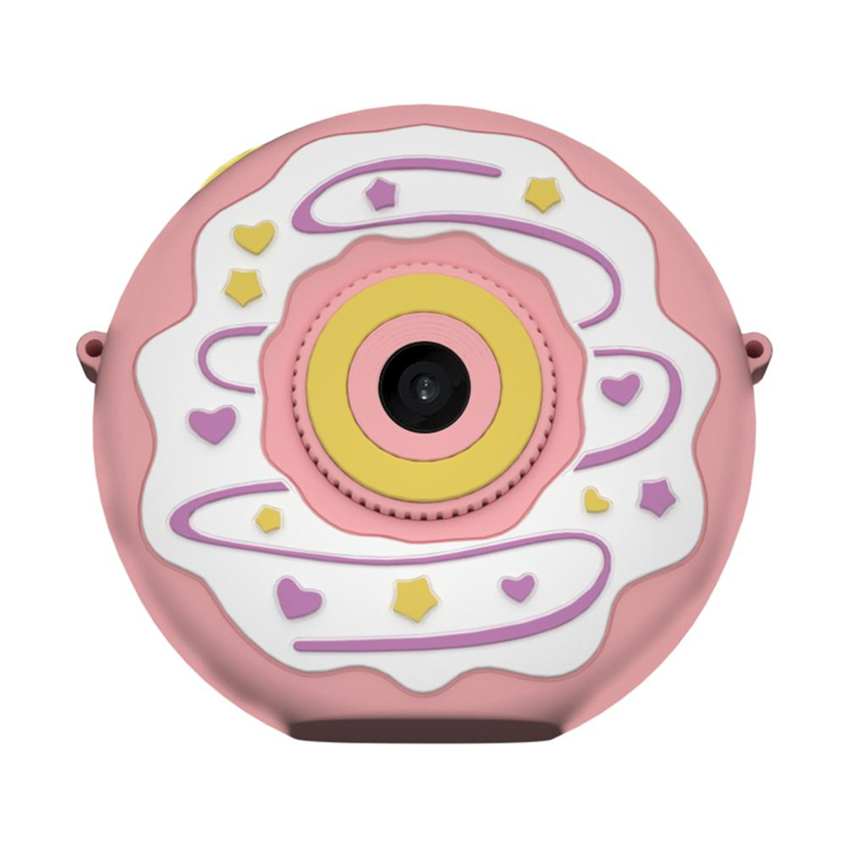 Eine donut-förmige rosa Kamera mit weißem Zuckerguss und Streuseln, ein cartoonartiges Design.