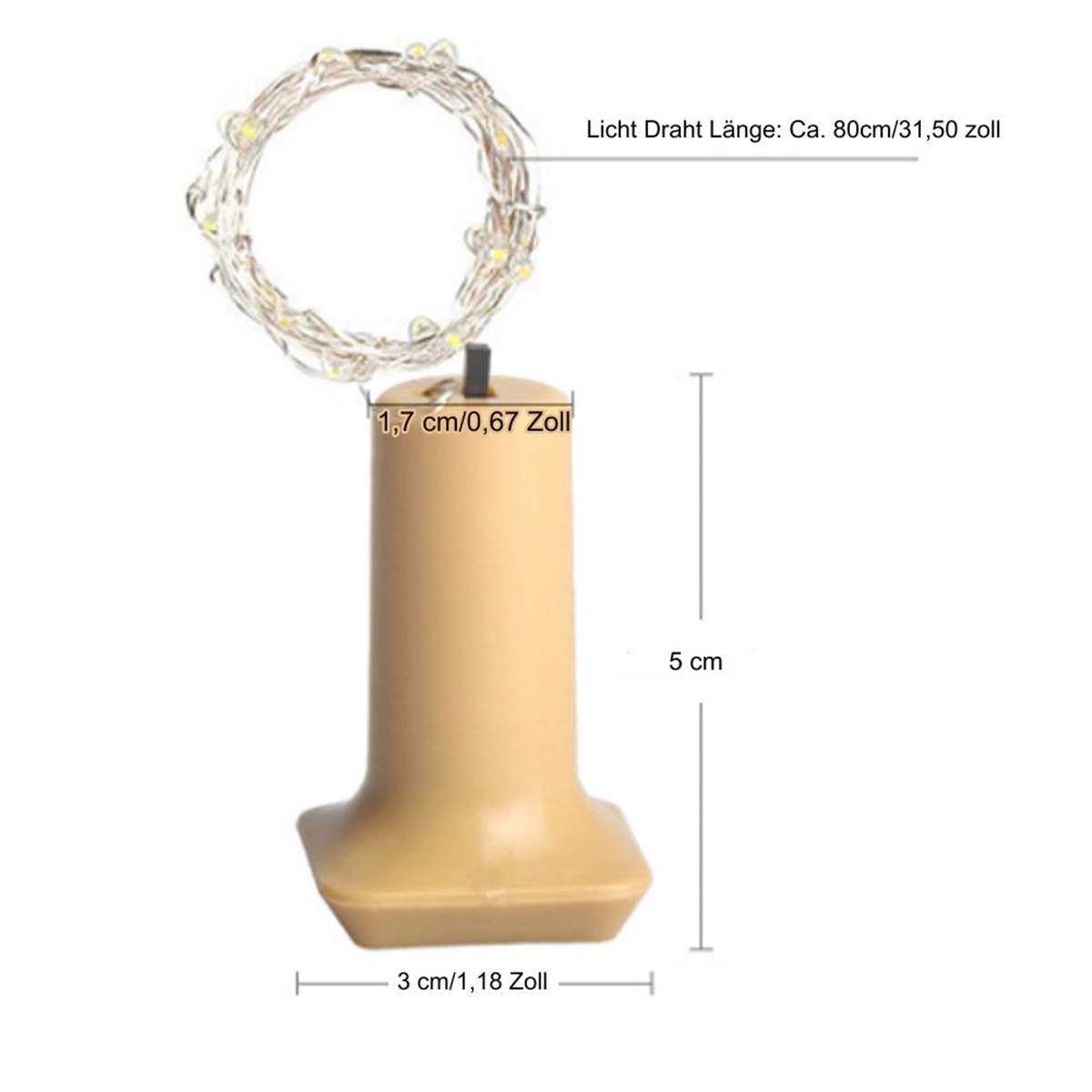 Lichterkette mit Korkbasis. Die Schnur hat LEDs. Maße: 80cm Länge, 1,7cm Breite, 5cm Höhe.