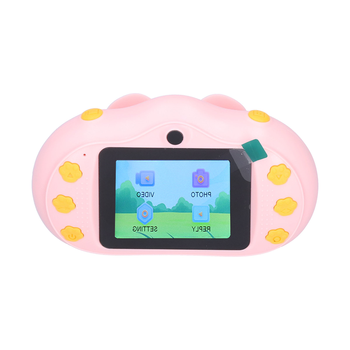 Eine rosa Spielzeugkamera mit Knöpfen und einem Bildschirm, der eine grafische Benutzeroberfläche anzeigt. Die Kamera hat ein Bären-Design.