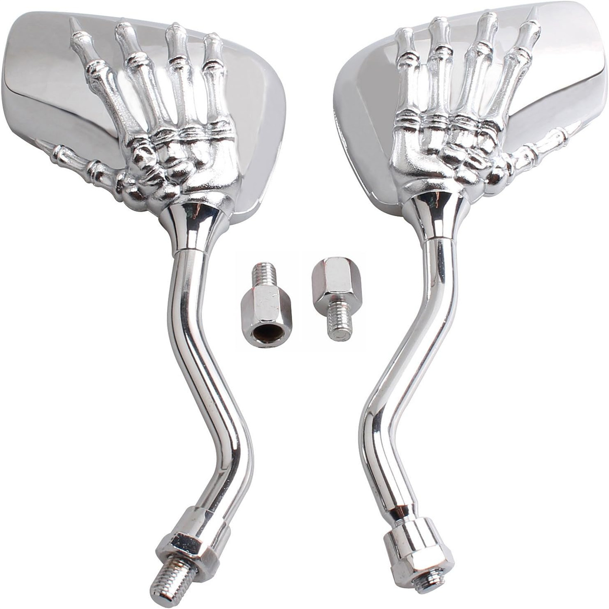 Paar verchromte Motorradspiegel mit Skeletthanddesign. Befestigungsmaterial ist ebenfalls sichtbar.