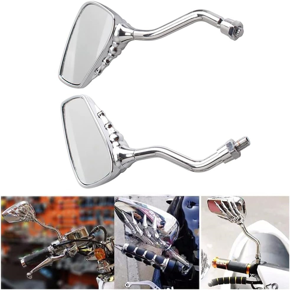 Motorradspiegel in hellem Chrom-Finish. Einige Bilder zeigen Spiegel, die an verschiedenen Motorradlenkern befestigt sind.