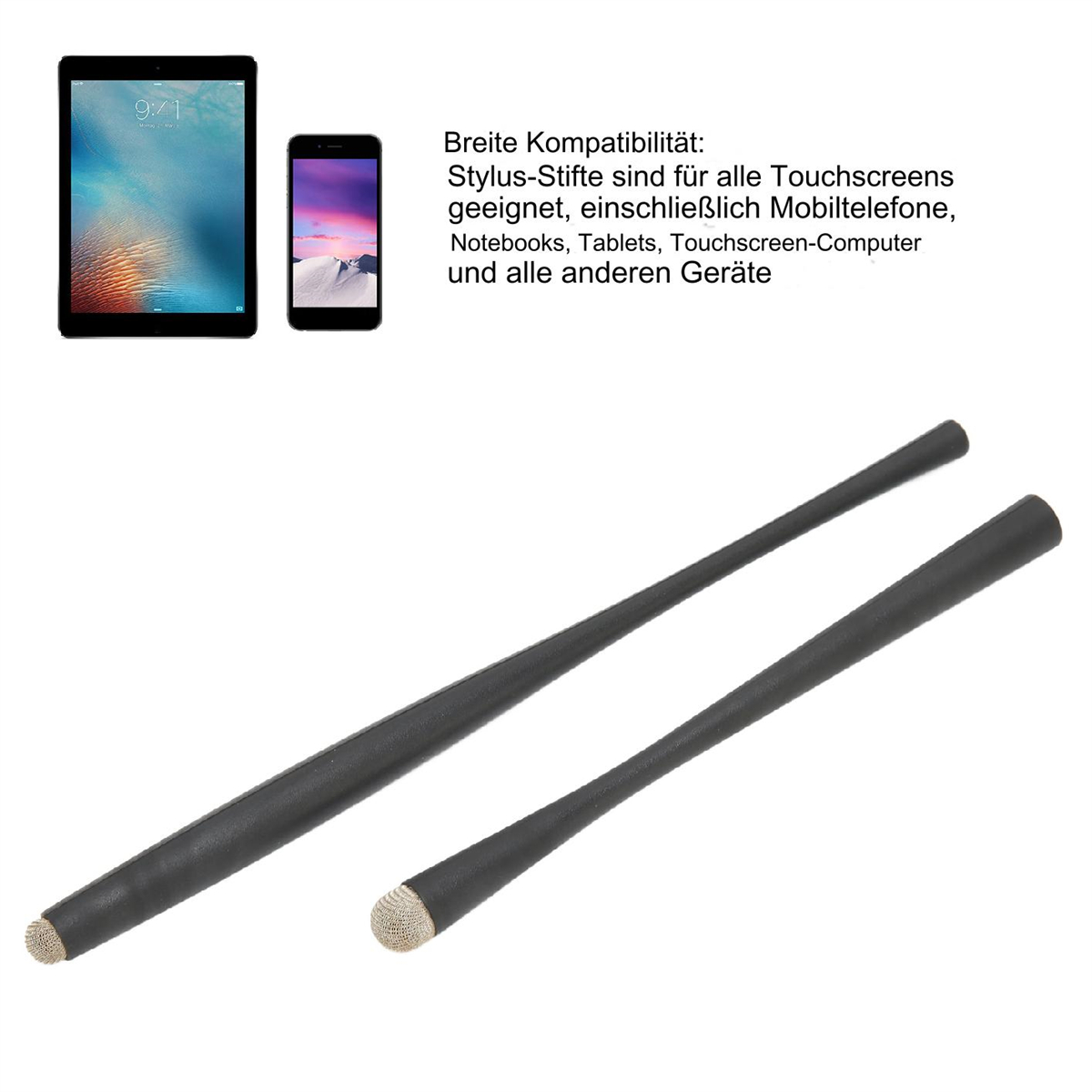 Zwei schwarze Stifte, ein Tablet und ein Telefon liegen auf einer weißen Oberfläche.