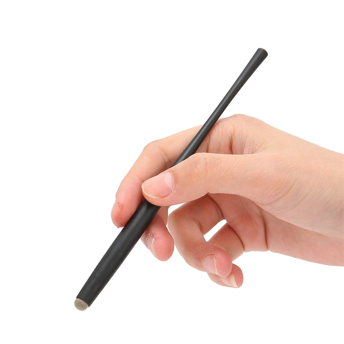 Hand, die einen schwarzen Stift für einen Touchscreen hält. Weißer Hintergrund.