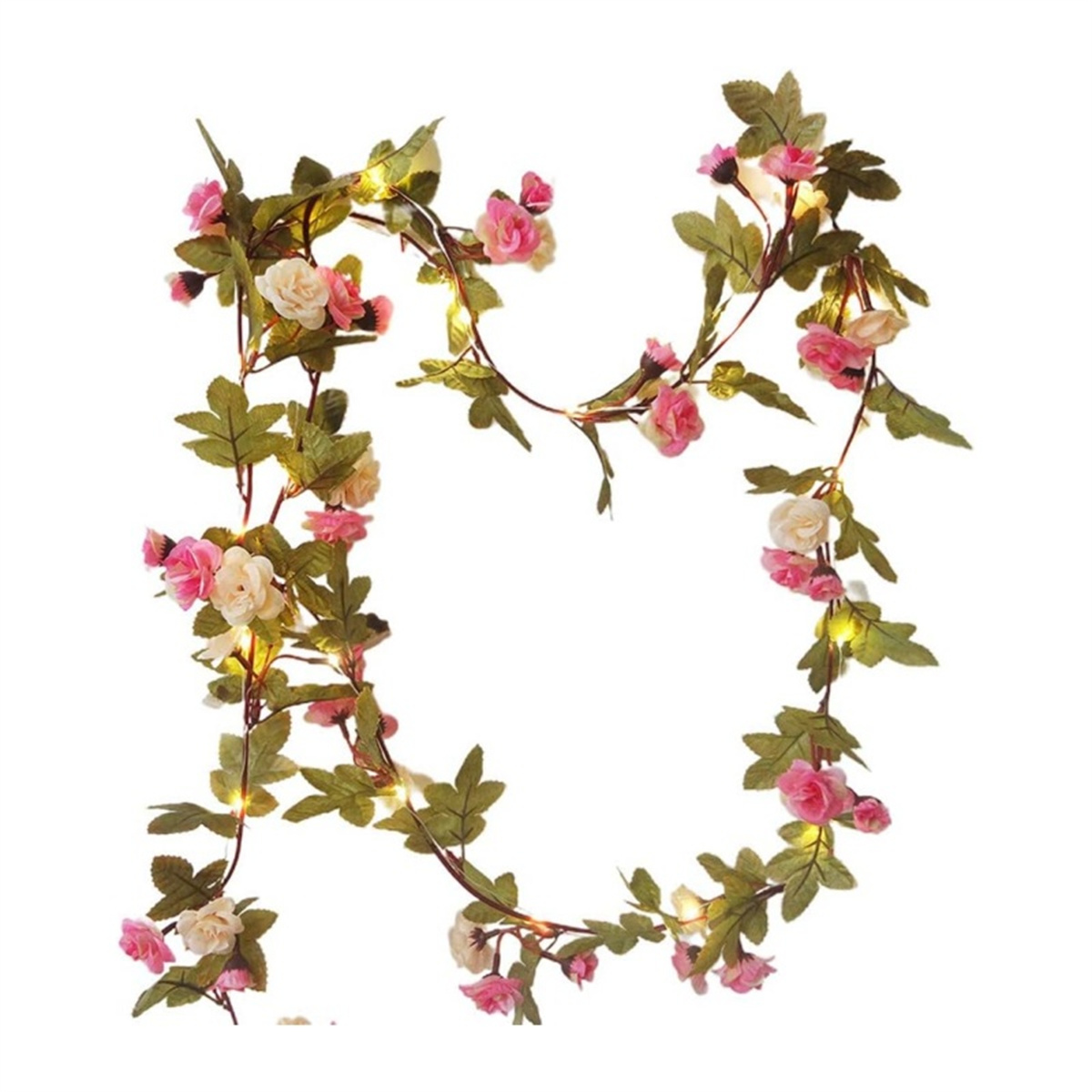 Künstliche Blumengirlande mit rosa und weißen Rosen und grünen Blättern, weißer Hintergrund.