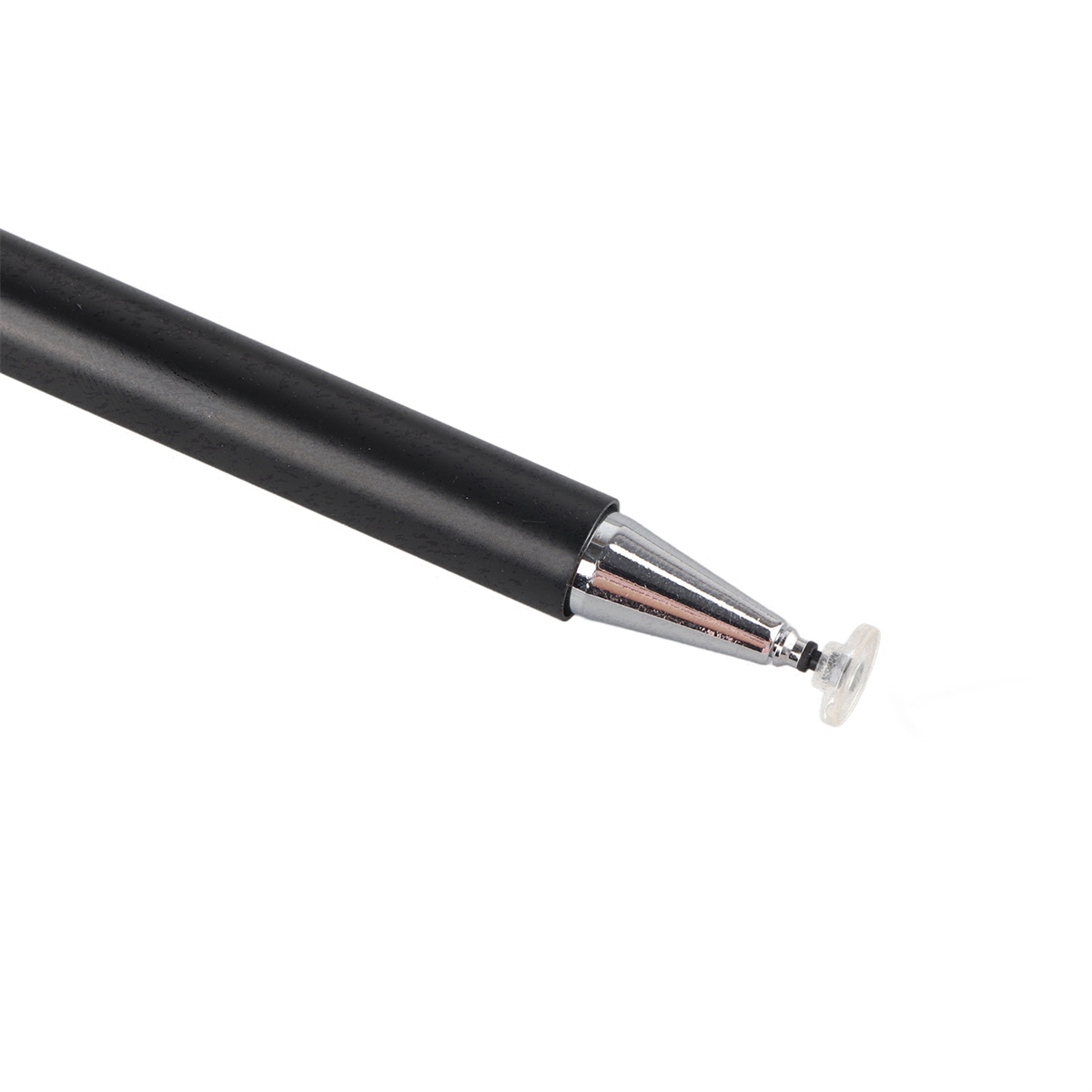 Ein schwarzer Stift mit silberner Spitze und klarer Gummi-Spitze.