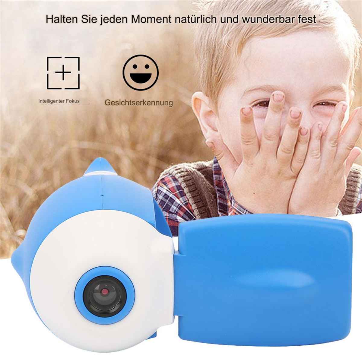 Eine blaue delfinförmige Kamera mit einem Kind im Hintergrund, Text auf Deutsch.