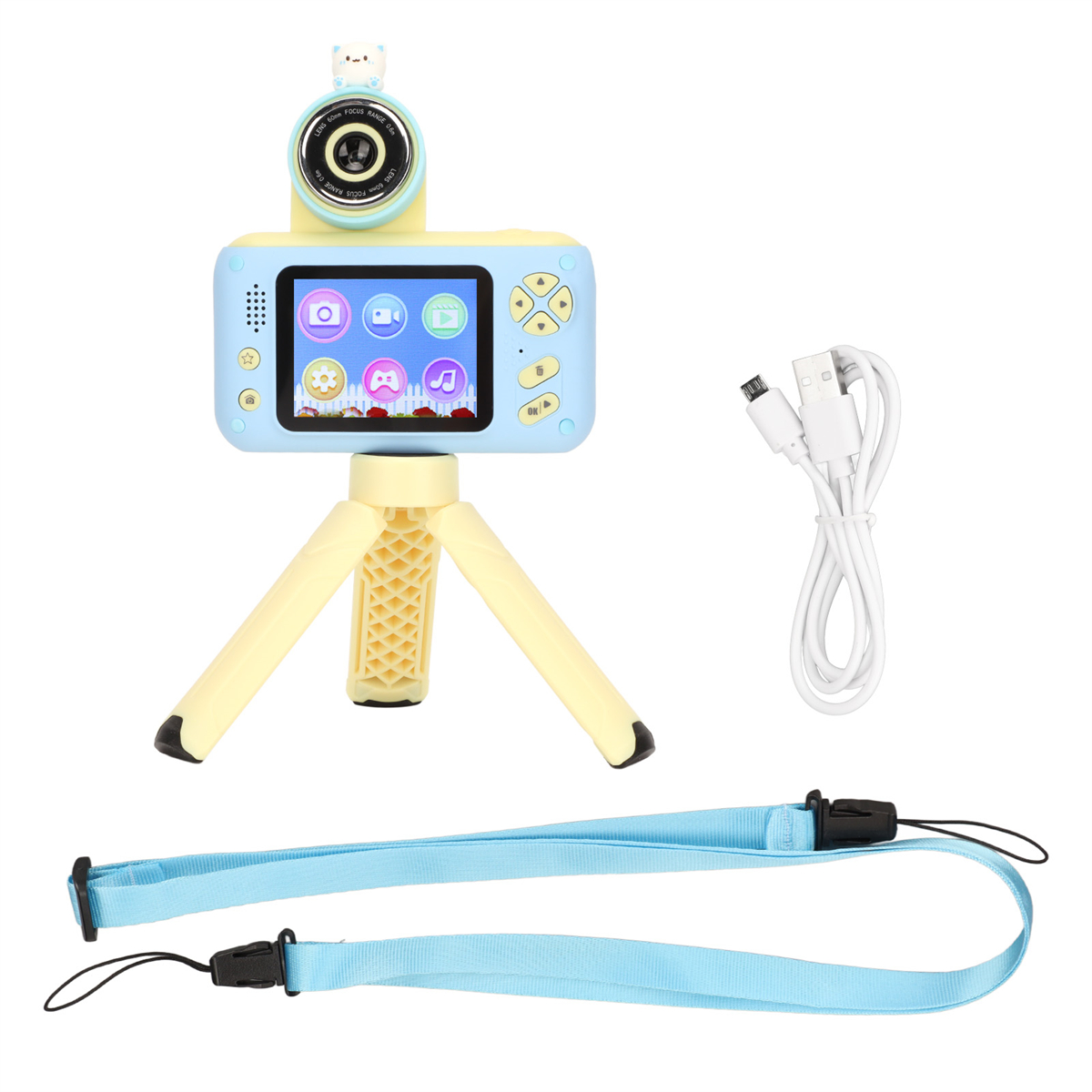 Blaue und gelbe Kinderkamera mit Bildschirm, Stativ und Zubehör wie Gurt und USB-Kabel.