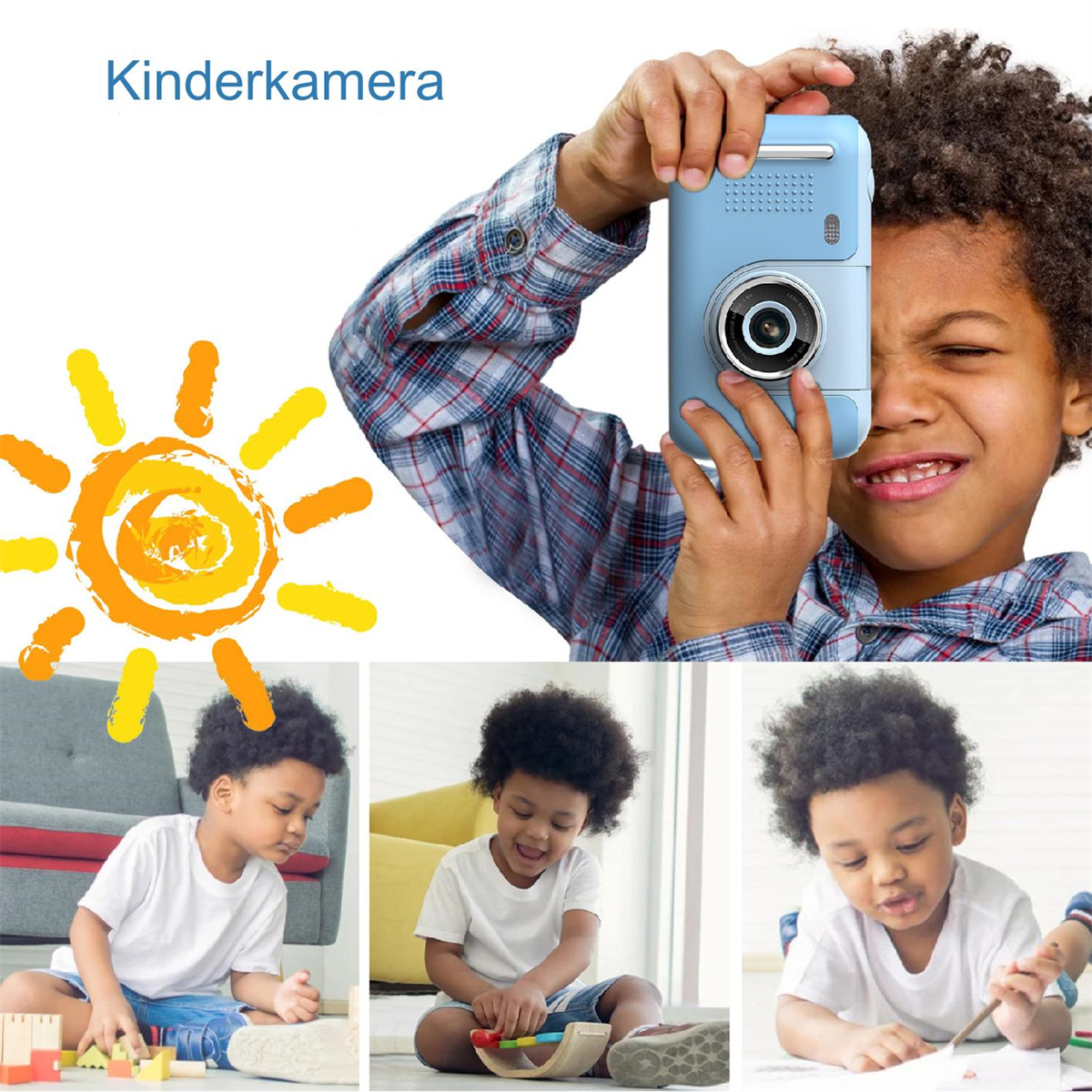 Ein Kind hält eine blaue Spielzeugkamera und drei Bilder von spielenden Kindern.