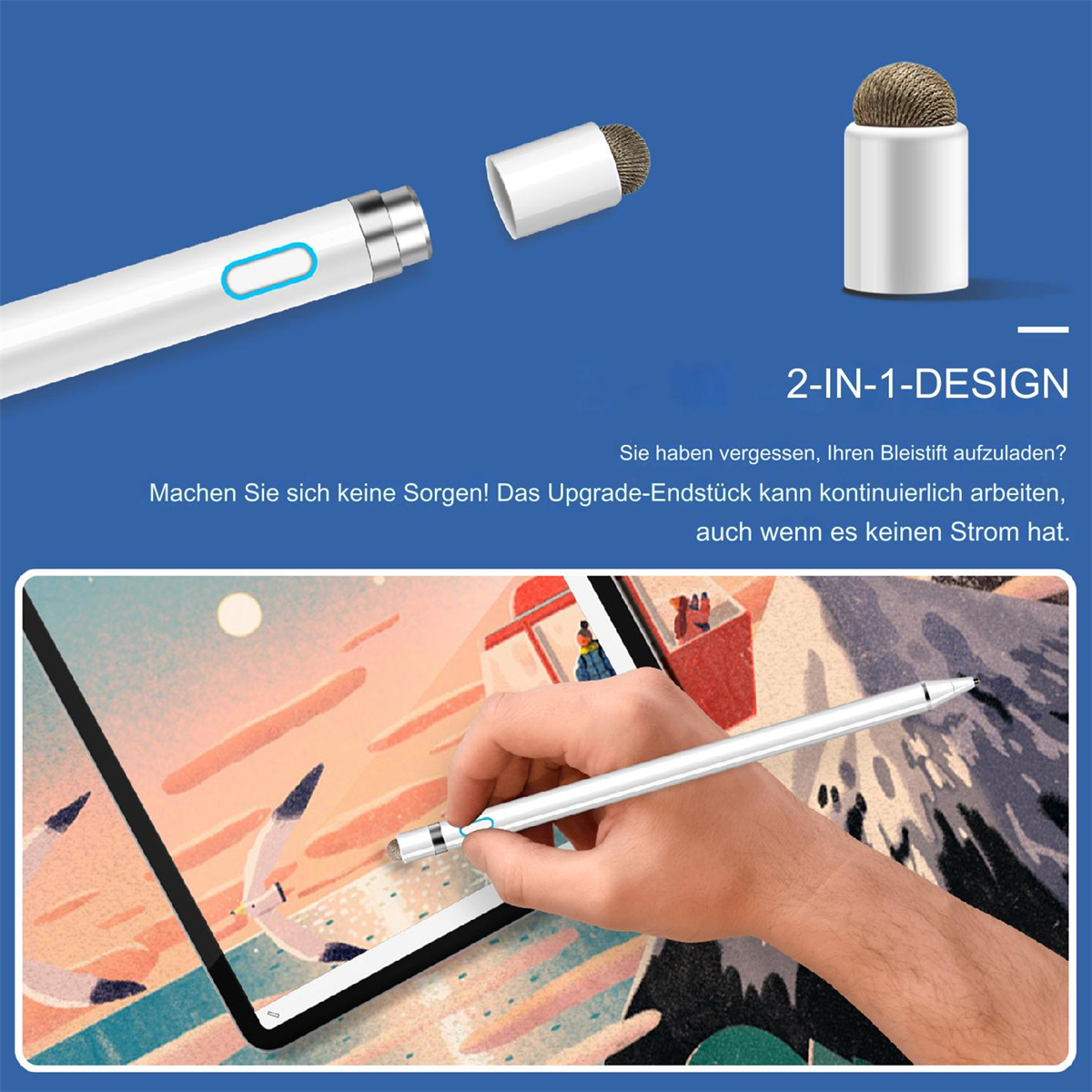 Hand benutzt Stift auf Tablet. Weißer Stift, zwei Spitzen und Ladestation sind gezeigt.
