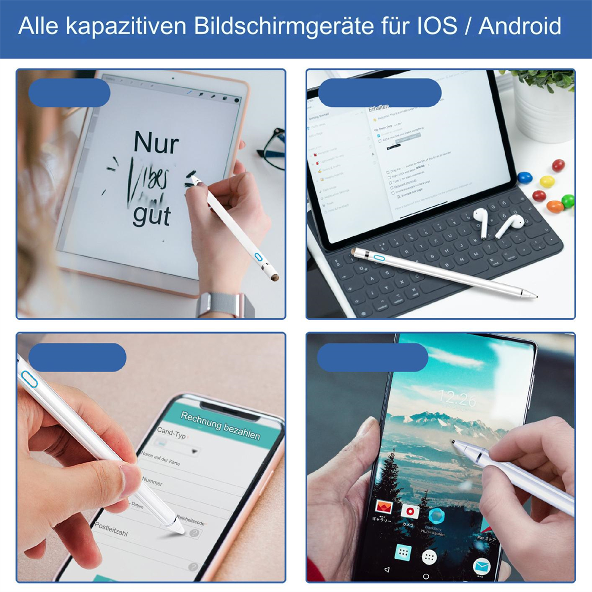 Mehrere Bilder, die einen Stylus-Stift mit einem Tablet und Telefon zeigen. Der Stift wird zum Zeichnen und Schreiben verwendet.
