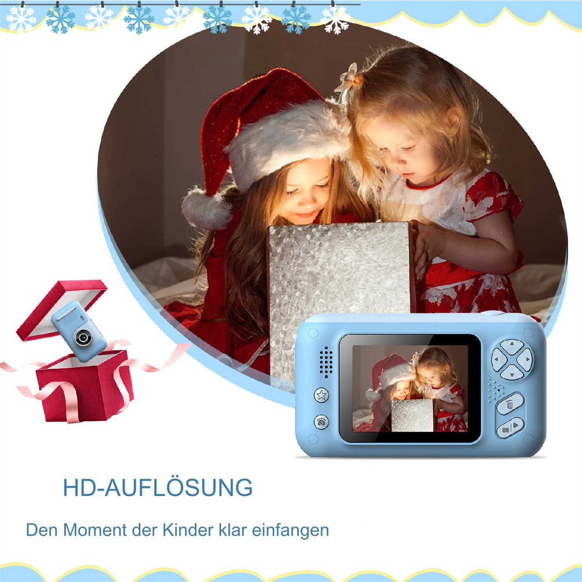 Zwei Kinder schauen in eine Box mit Kamera an der Seite. Eine blaue Kamera befindet sich in einer roten Box.