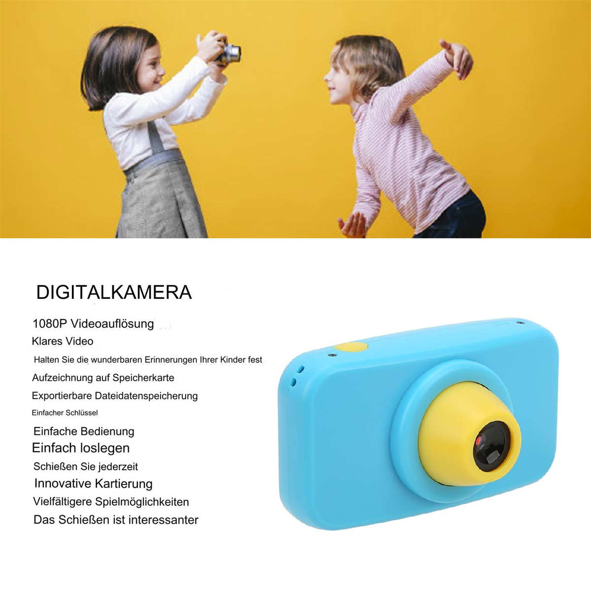 Kinder fotografieren. Blaue Spielzeugkamera mit gelbem Objektiv, gelb.